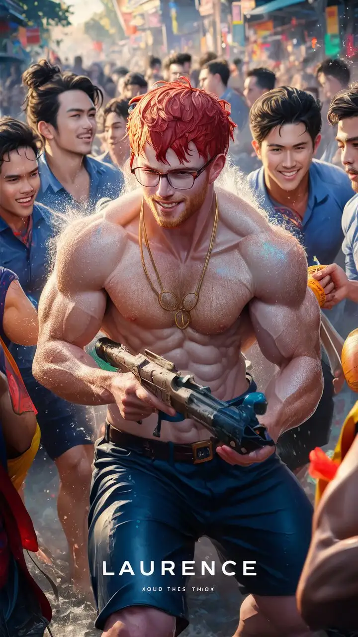 AI drawing prompt: glasses wearing redhead hunk Laurence is having a great time in Songkran festival. His short ginger hair damped, shirtless body glistening as all the hot gay men around him are shooting water against each other on the streets of Bangkok.

Laurence's shirtless physique glistens under the sunlight, his muscular frame highlighted by the droplets of water clinging to his skin. With a water gun in hand, he joins in the playful chaos, engaging in spirited water fights with the other festival-goers.All around him, Thai hunks laugh and shout as they drench each other with water, their faces lit up with joy and camaraderie. The streets are alive with the sounds of splashing water and cheerful banter, creating a vibrant and energetic atmosphere.