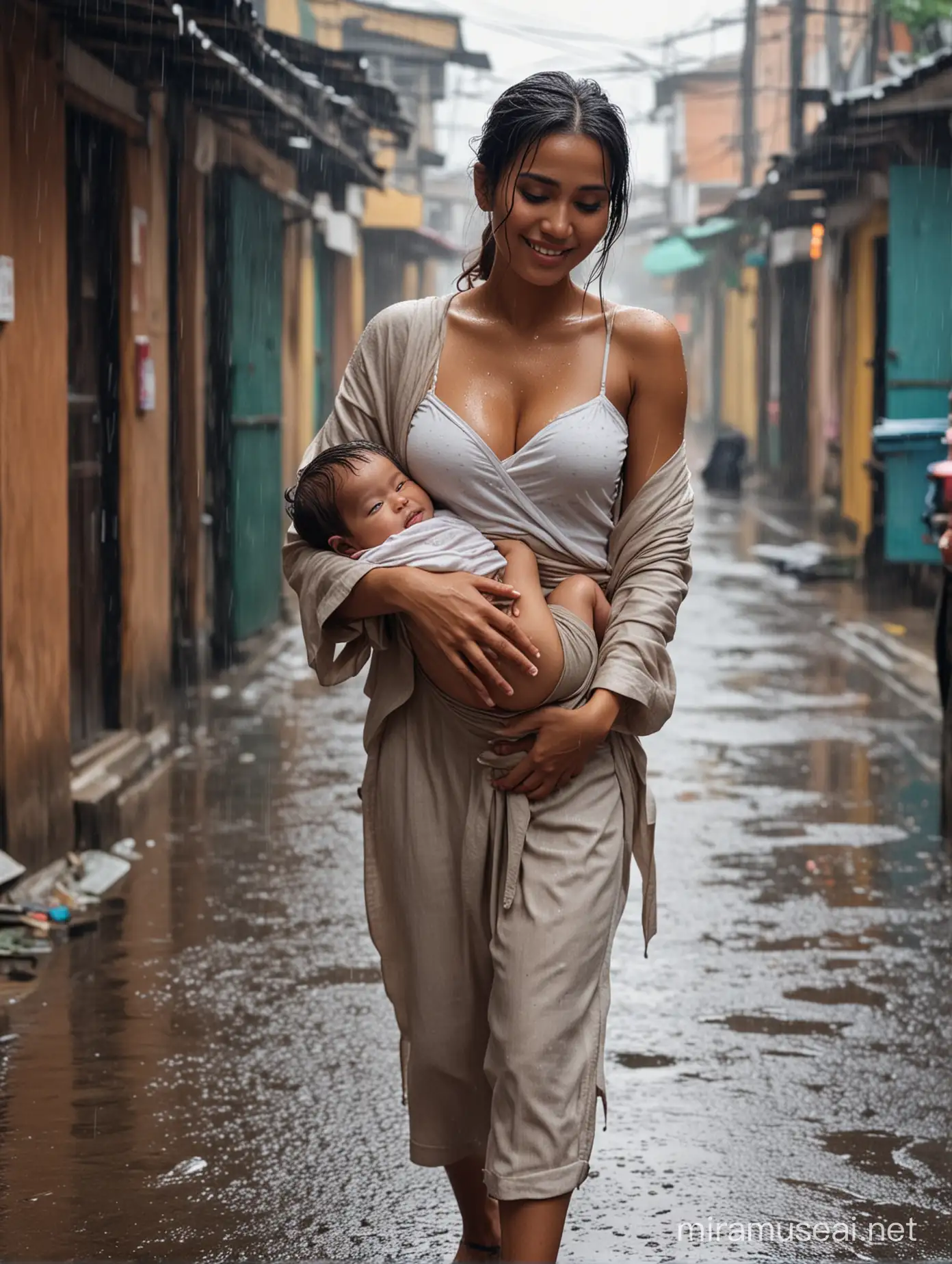 Surabaya Mother and Child in Rainy Alley Conversation