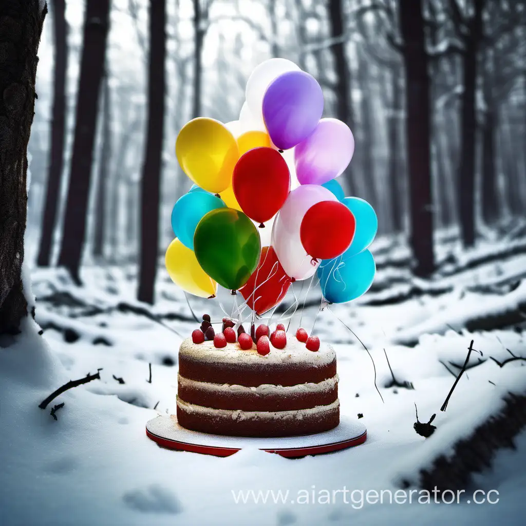 Winter-Forest-Cake-with-Balloons-Whimsical-Celebration-Amidst-Snowy-Woods