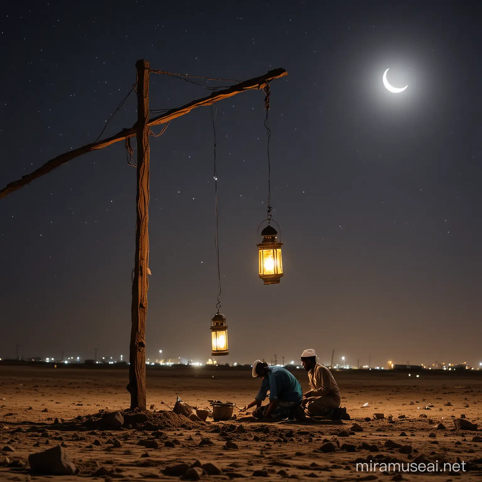 Crescent moon as subject, engineering workers working on the ground, ramadan mood, small lanterns hanging.