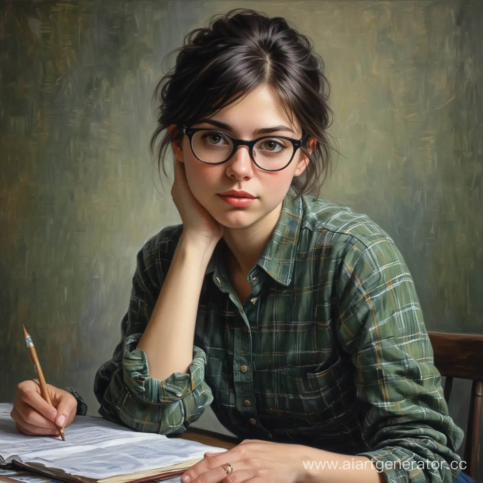 Impressionist-Portrait-Teenage-Girl-in-Green-Plaid-Shirt-and-Glasses