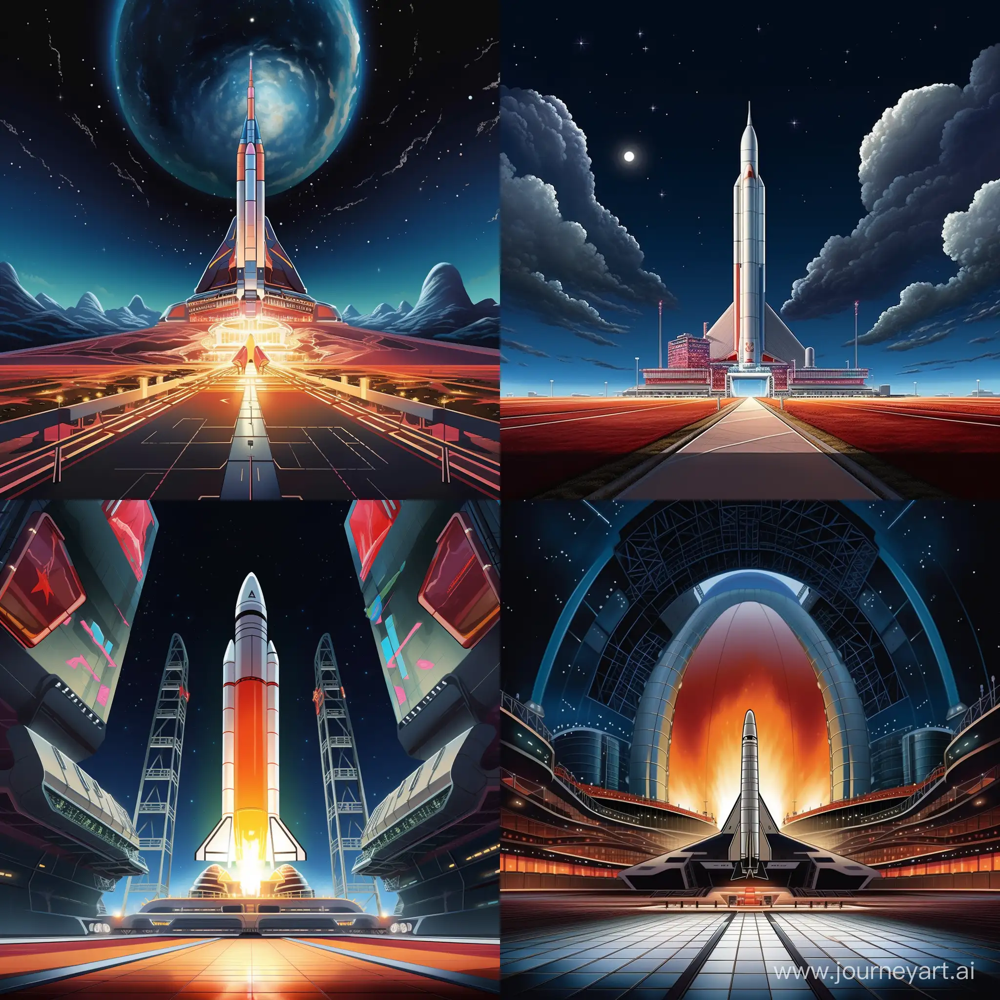 A rocket facility with a huge alcubierre drive based rocket on standby on the launchpad, breathtaking surreal visualization, Hiroshi Nagai aesthetic