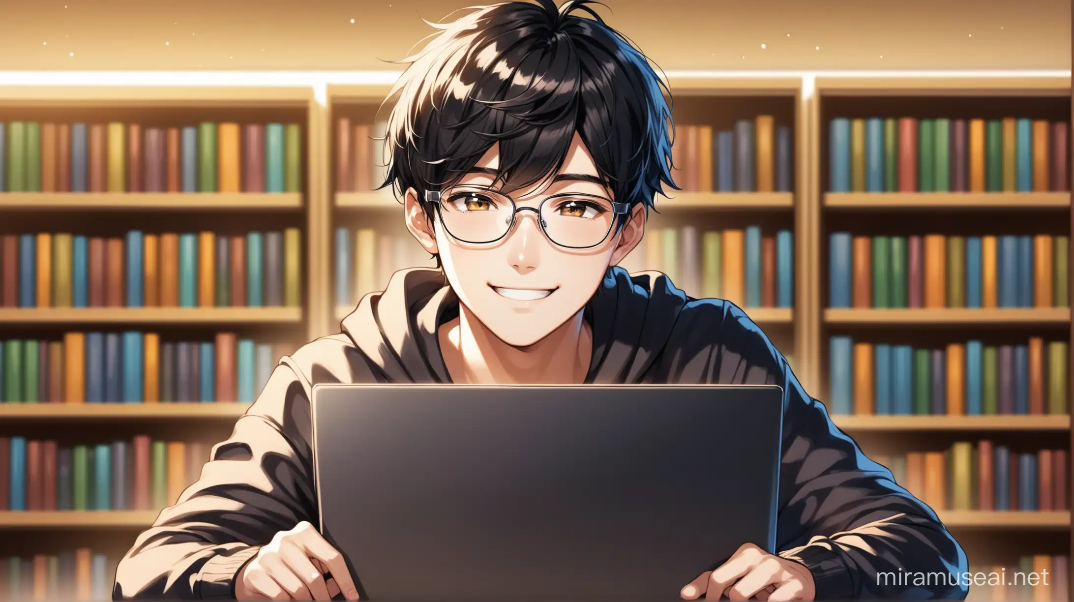 very smart  male teenager,  korean face,  with laptop without logo,  in library, slightly angled shot, smiling, eyeglasses, shiny black hair,
