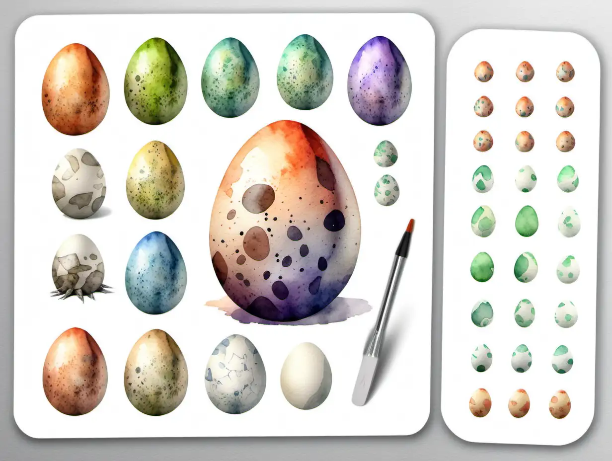 vytvoř dinosauří vejce, realná akvarel ilustrace, samolepky, méně výrazné tony barev,