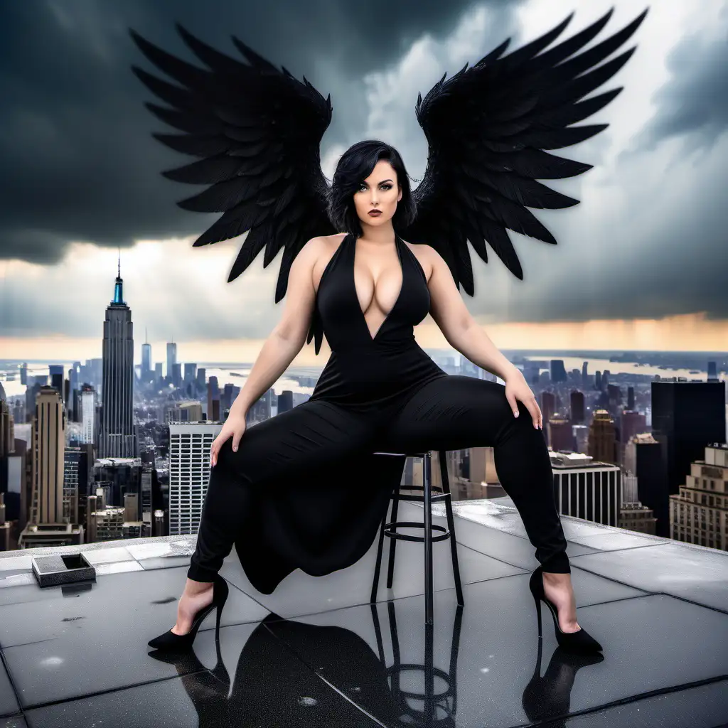 Sultry Black Angel with Greatsword Overlooking Stormy New York Skyline