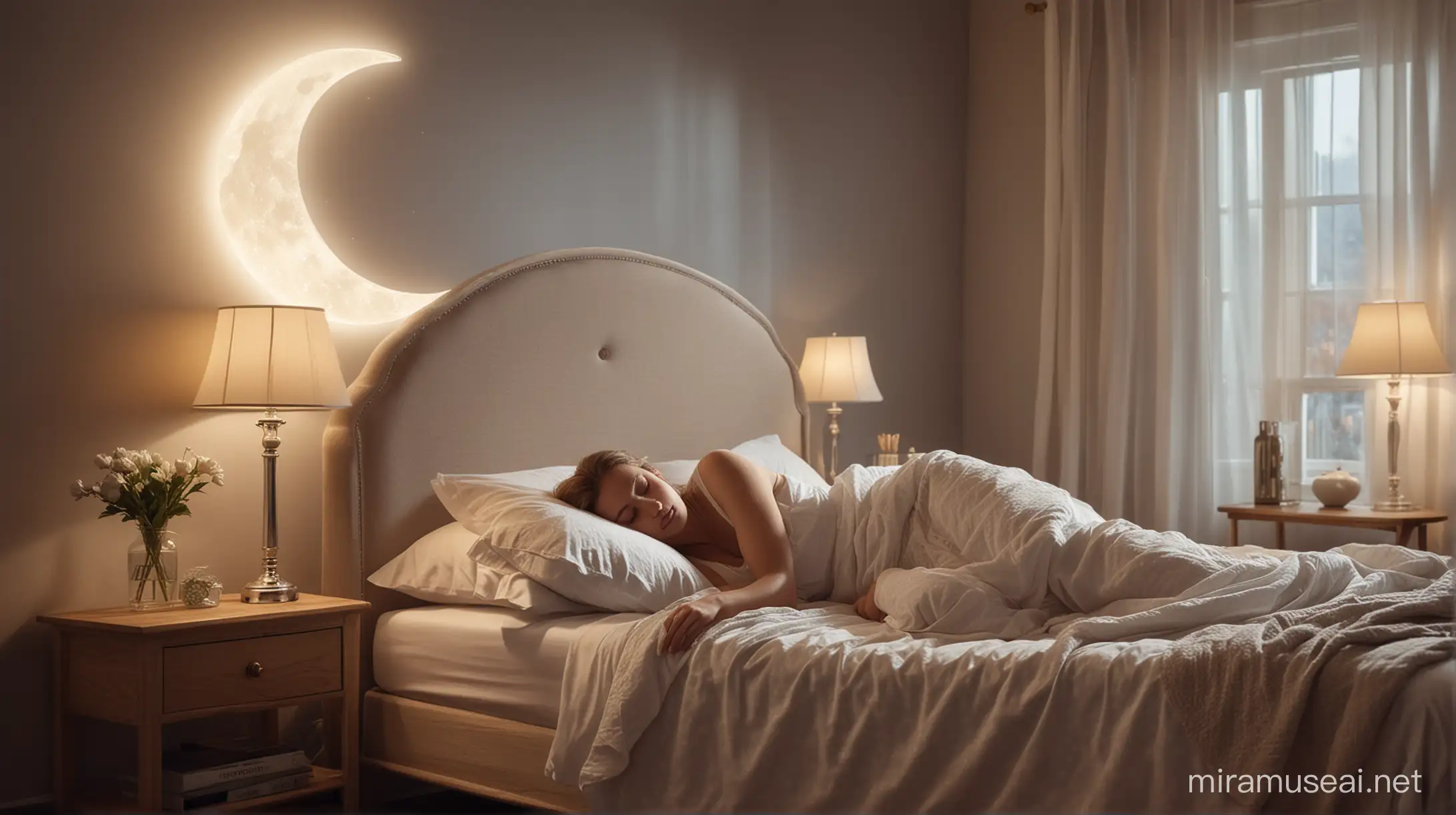creates an image of a woman sleeping in a beautiful bedroom. she moon through the window illuminating her bed. diffuse lighting. little lighting. lamp on.