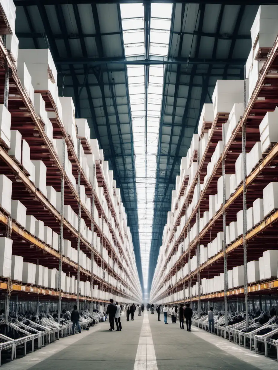 a huge spacious factory where 100's of humans are hanging on racks