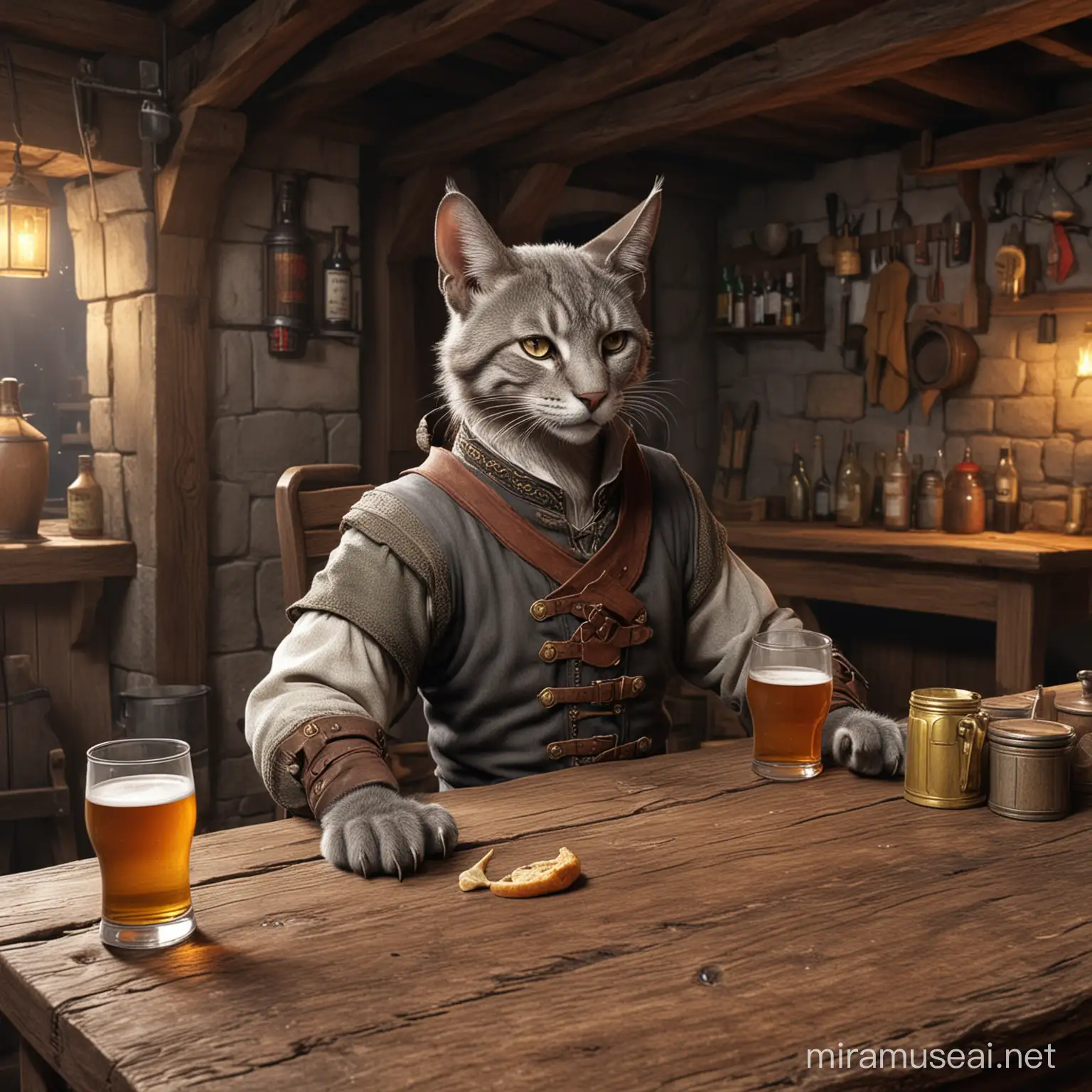 a grey tabaxi drinking in a tavern

