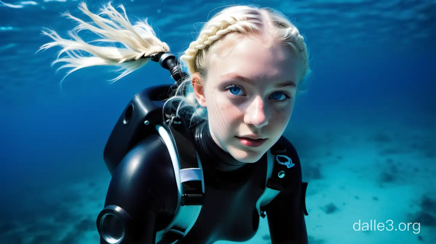 pretty 17 year old blue eyed woman, platinum blonde hair in plaited pigtails, freckles. wearing a blue, white and black neoprene wetsuit and wearing a cyberpunk spherical glass diving helmet. Diving in a tropical sea..