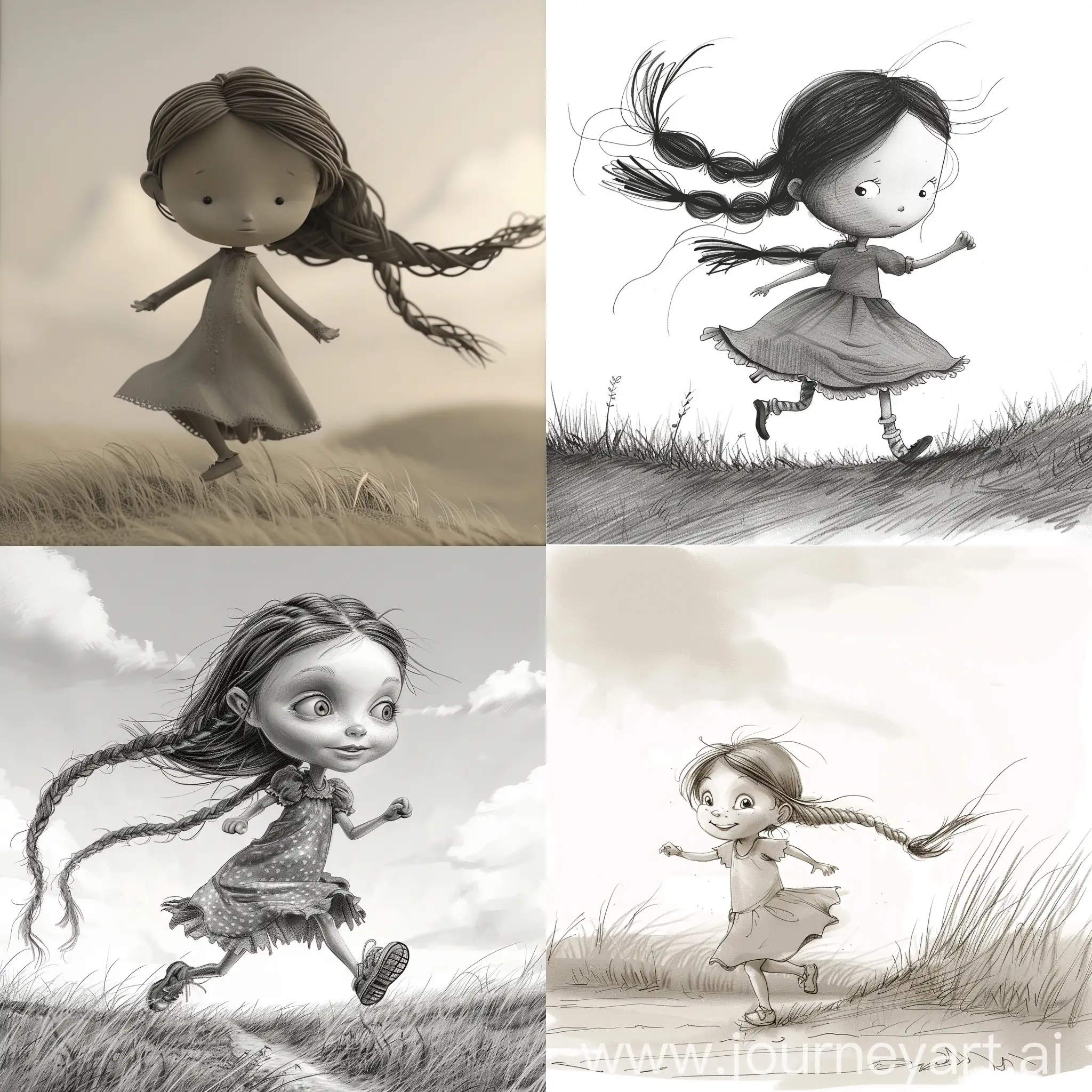 动画小女孩，可爱，在草原上奔跑的，扎着长辫子的，穿着裙子的
