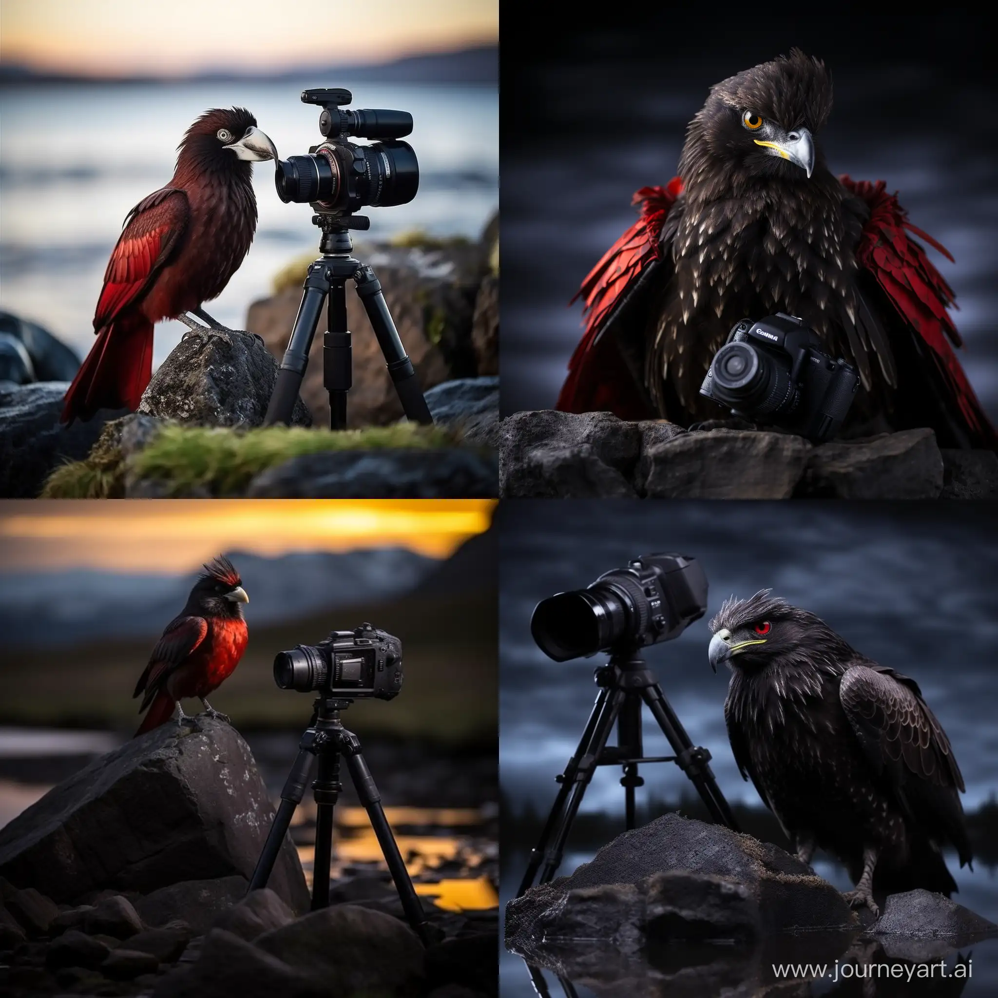 Capture a breathtaking cinematic scene where a majestic cormorant bird perches regally atop a rugged rock formation, resembling a king surveying its kingdom. The bird should be adorned in the iconic Liverpool FC attire, featuring a meticulously detailed Liverpool FC jersey. Envision the moment through the lens of a cinematic 60mm lens, ensuring the composition captures the grandeur of the bird, the rugged beauty of the rock, and the dynamic essence of the Liverpool FC jersey. Pay close attention to lighting, shadows, and textures to achieve a realistic and visually stunning image that seamlessly blends the natural world with the spirit of Liverpool FC. Bring forth a sense of majesty and pride, as if the bird itself is a symbol of the team's strength and triumph. The final image should evoke a cinematic atmosphere that transports viewers into this unique and captivating moment. should wear liverpool football club red jersey