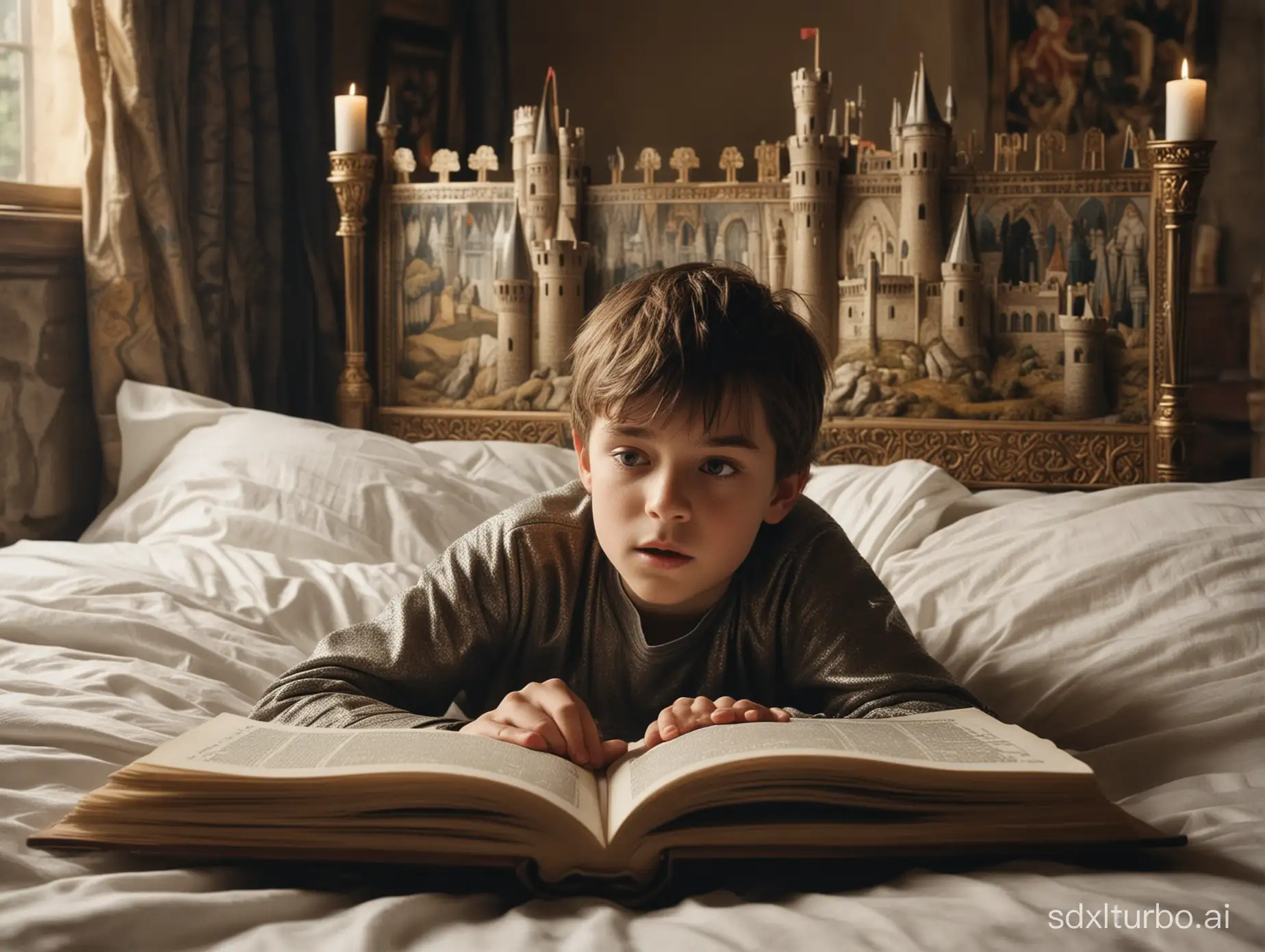 a young boy lies on the bed, engrossed in a book about King Arthur. His elbows prop up his head as his eyes scan the pages, while translucent, dream-like scenes from the story materialize around him. Knights in shimmering armor joust, majestic castles rise, and mythical creatures roam, all blending seamlessly with the boy's surroundings. Despite being grounded in reality, his imagination knows no bounds, weaving together the fabric of his room with the enchanting realms of his mind. [ --ar 16:9 --style raw --s 95]