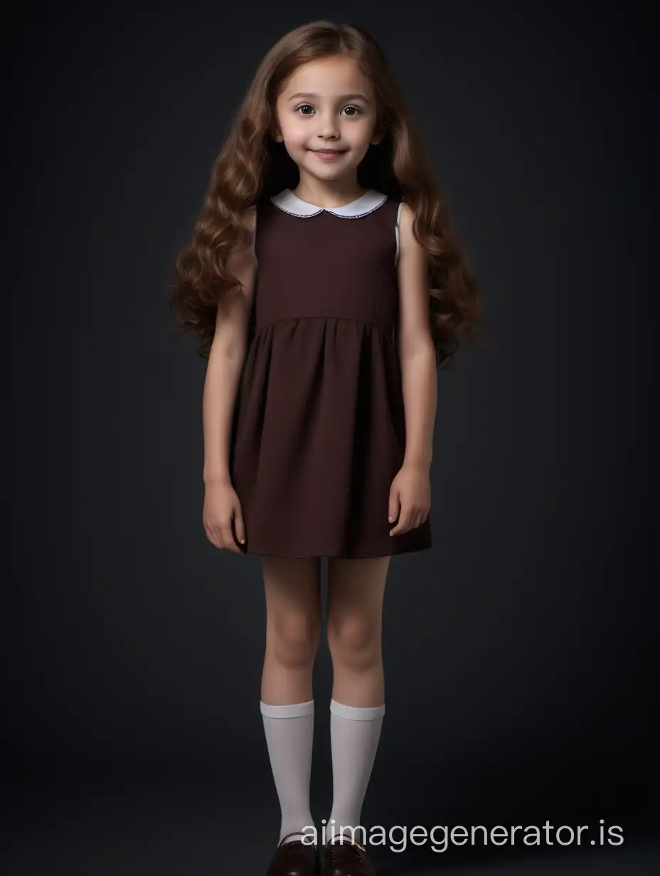 This 10-year-old girl has a slender body with graceful proportions. She has a round head with soft facial features. Her round eyes, hazel in color, radiate joy and curiosity. Her small nose is slightly upturned, giving her a friendly look. She has full, gentle lips that are often adorned with a cheerful smile. This girl's hair is long and thick, dark chestnut in color. It cascades down her back in soft waves, creating an elegant look. Her hair also has a natural shine and softness., 8K UHD, full body in image, She is facing the camera, legs spread wide.