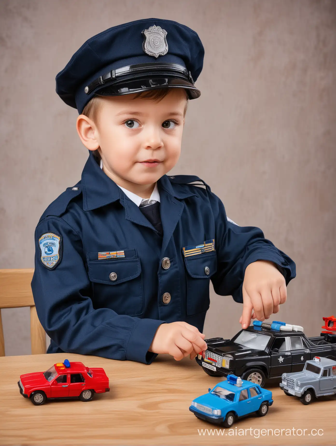 little boy dressed as a policeman plays with cars at the table