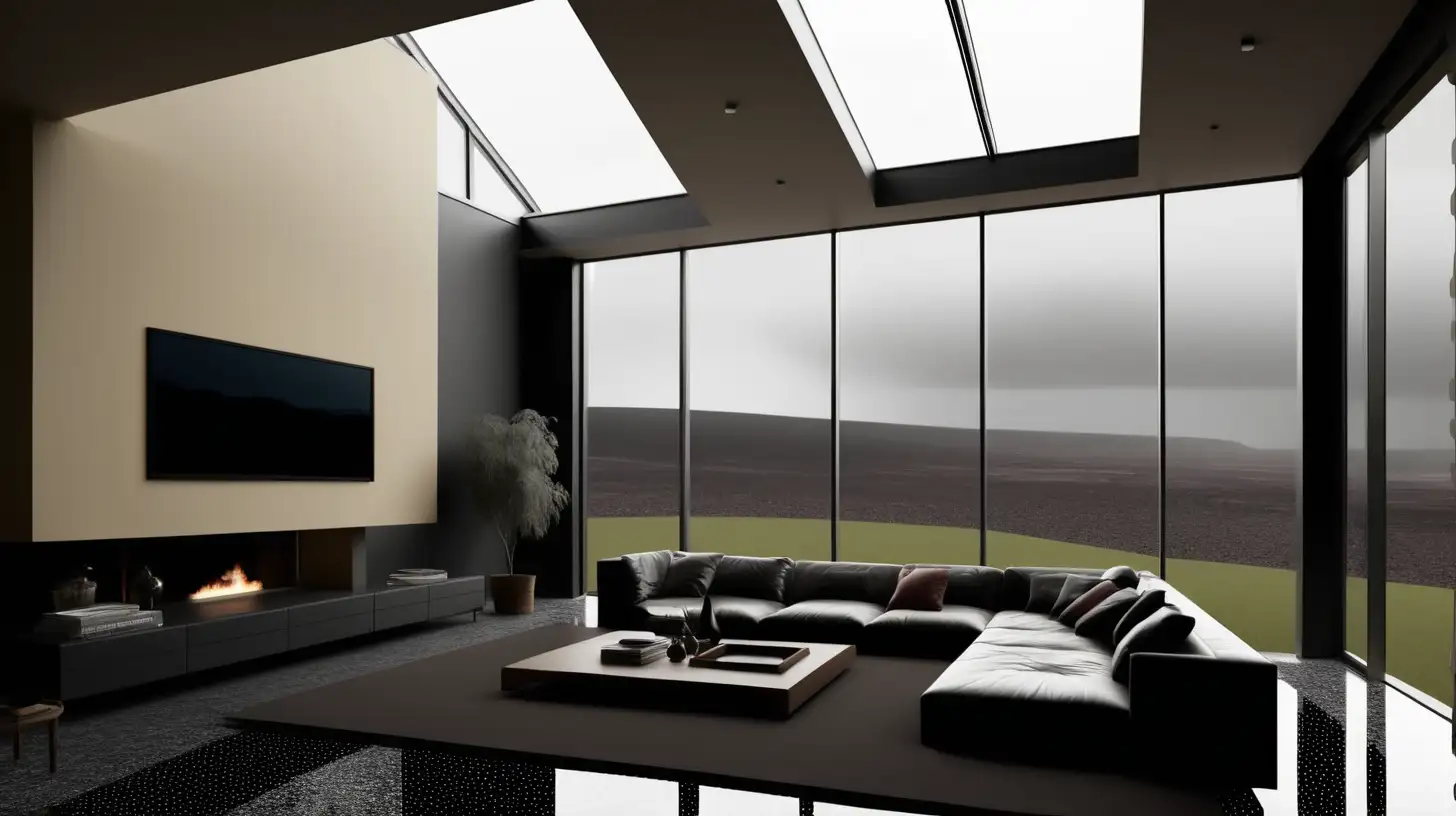 A double-height ceiling living room with a large, floor-to-ceiling window on one side. Outside is a dark puddle-covered landscape.