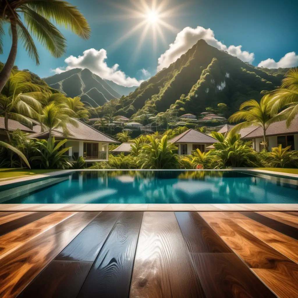 clear tropical background show a beash with sun in between two mountains onto a  pool of a holiday elegant home in foreground being padded by a wooden floor