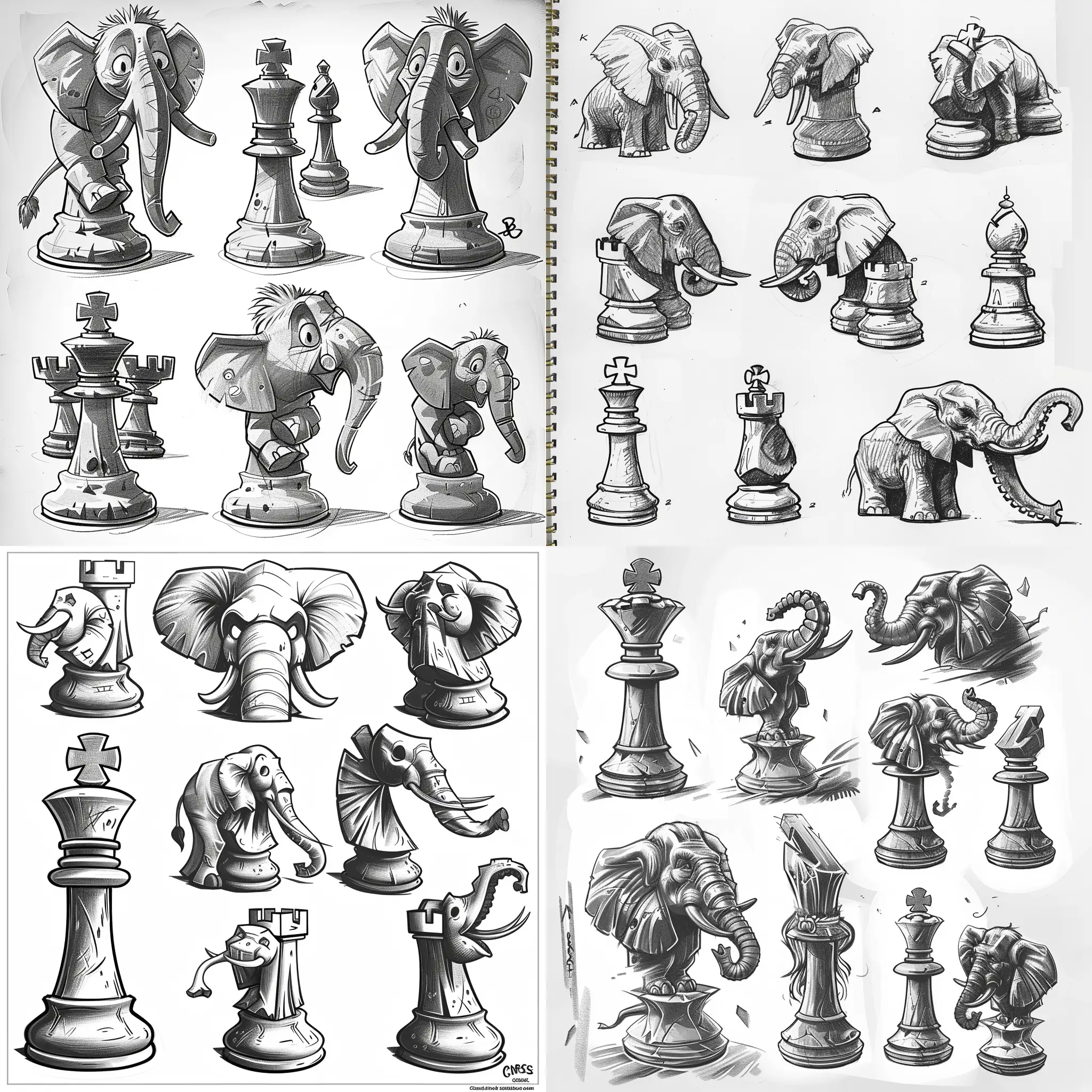 Stylized-Elephant-Chess-Pieces-in-Chris-Riddell-Style-Sketch