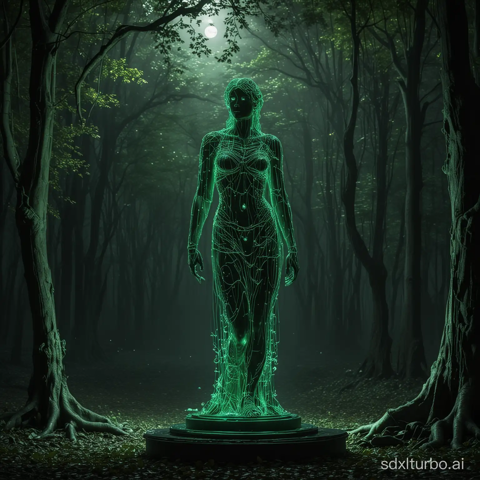 in the dark night,a green light glowing,sculpture,light shines on the sculpture,surrounding by all kinds of trees,, (masterpiece:1.3), (best quality:1.3), (high resolution:1.2), (high detail:1.2),