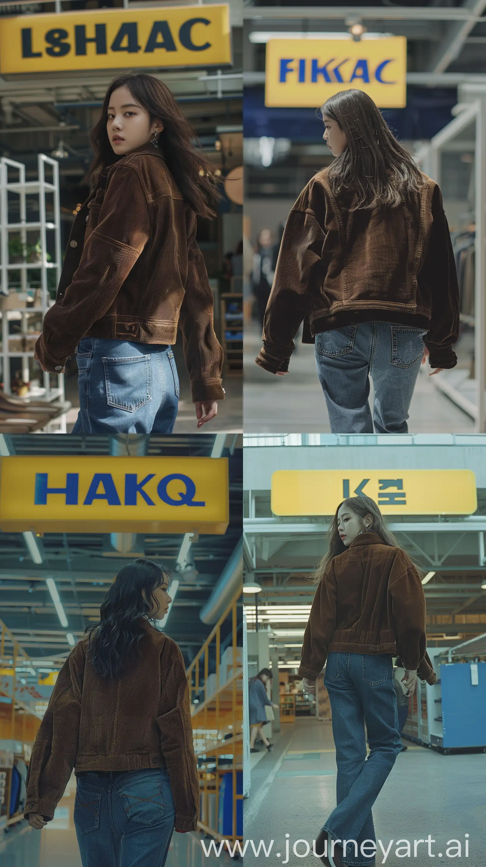 aestethic instagram, blackpink's jennie wearing brown corduroy  jacket and jeans pants, medium hair, walking inside ikea, back body, throw face away,lowfilm,vintage fujifilm --ar 9:16
