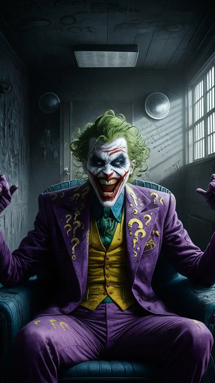 Angry Joker standing sitting in his office 