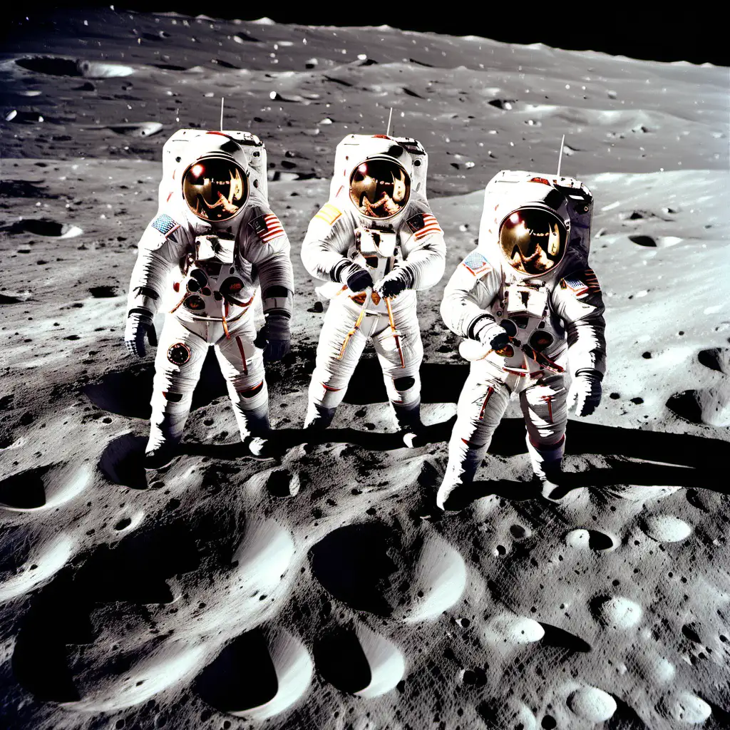 American astronaut and two cosmonauts step onto the moon's surface