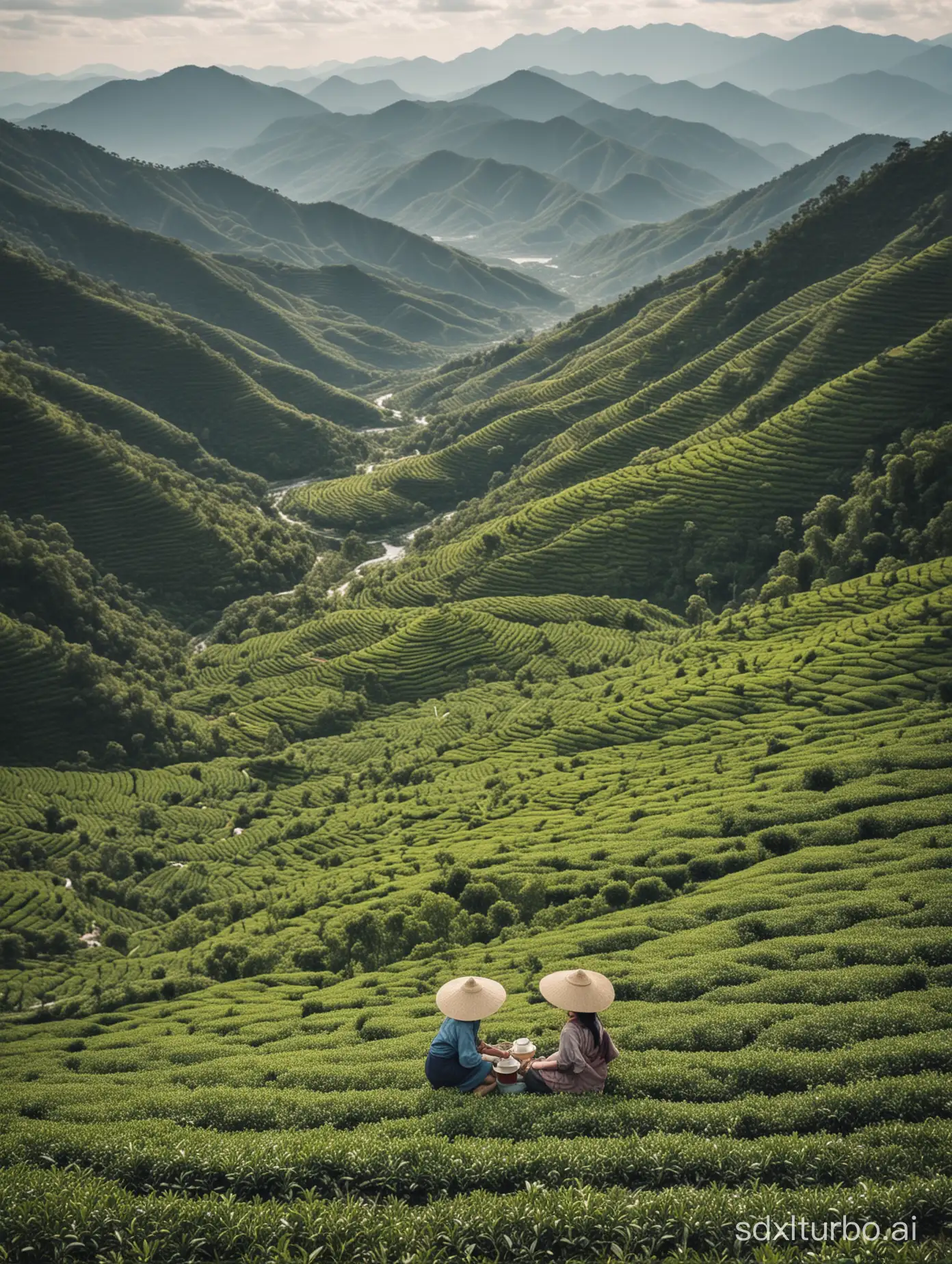 Tea mountains, where young girls pick tea leaves, are captured in a bird's-eye view. In the distance, mountains and rivers stretch far and wide.