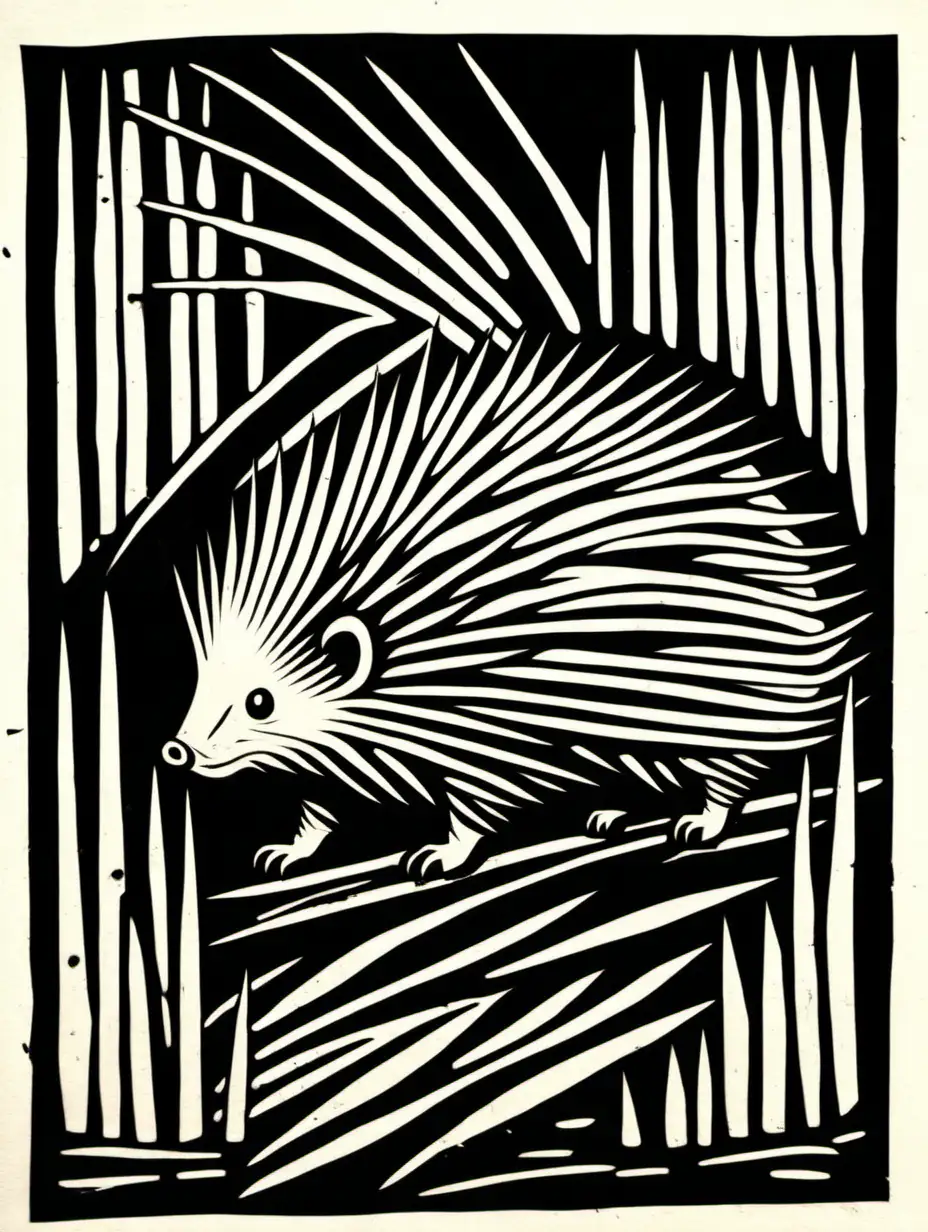 Porcupine Linocut Print Unique Linoleum Artwork