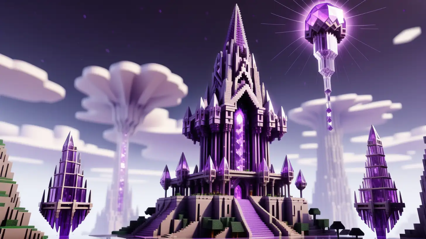 A minecraft style epic wizard tower, it has a beautiful grand design with a central tower made of crystal with a purple spire roof, it has 3 smaller towers hovering in the air around it. It is radiating energy from crystals around it