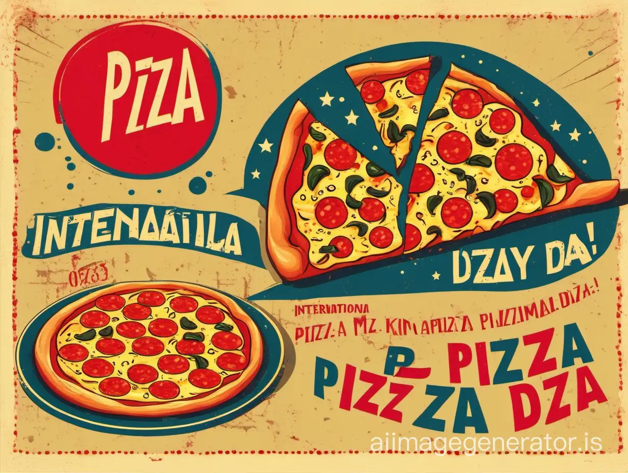 Create a greeting postcard for the International Pizza Day holiday in the style of the film Kin-Dza-Dza directed by Georgy Danelia of the USSR era in 1986 and replace the text "PIZ-ZA-DZA"
