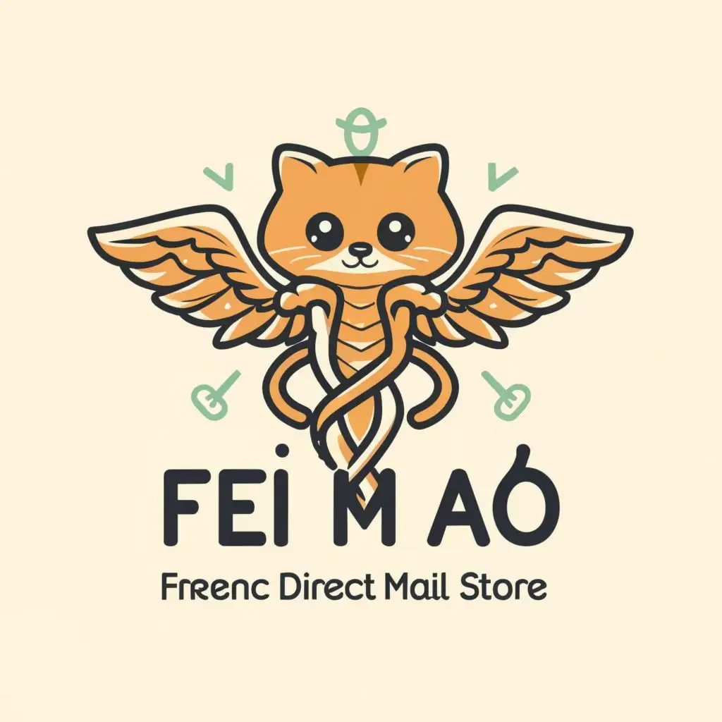 logo, The cute little cat who is hugging Caduceus, with the text "Fei Mao French direct mail store", typography