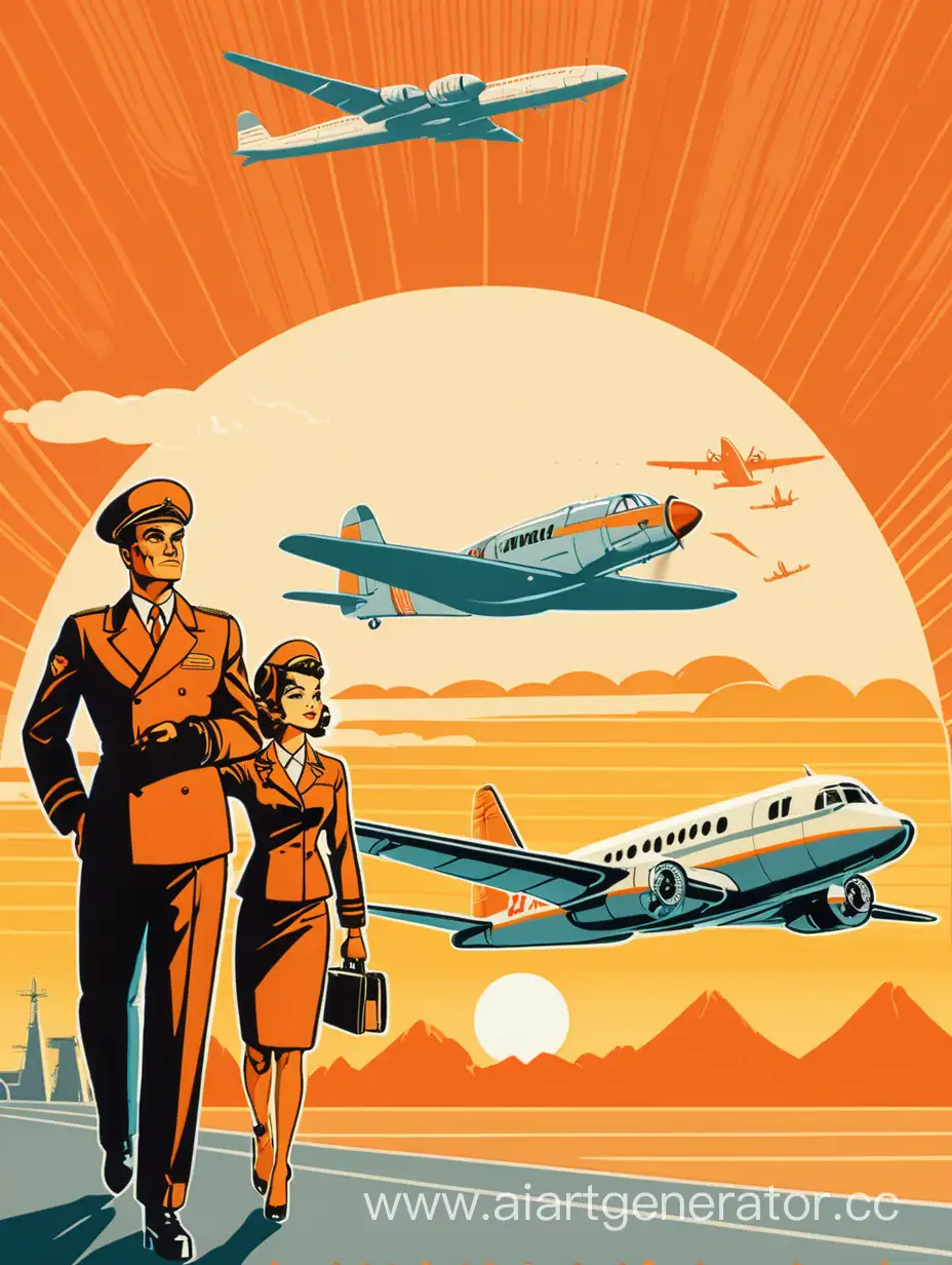 Sovietstyle-Pilot-and-Flight-Attendant-with-Airplane-at-Sunset