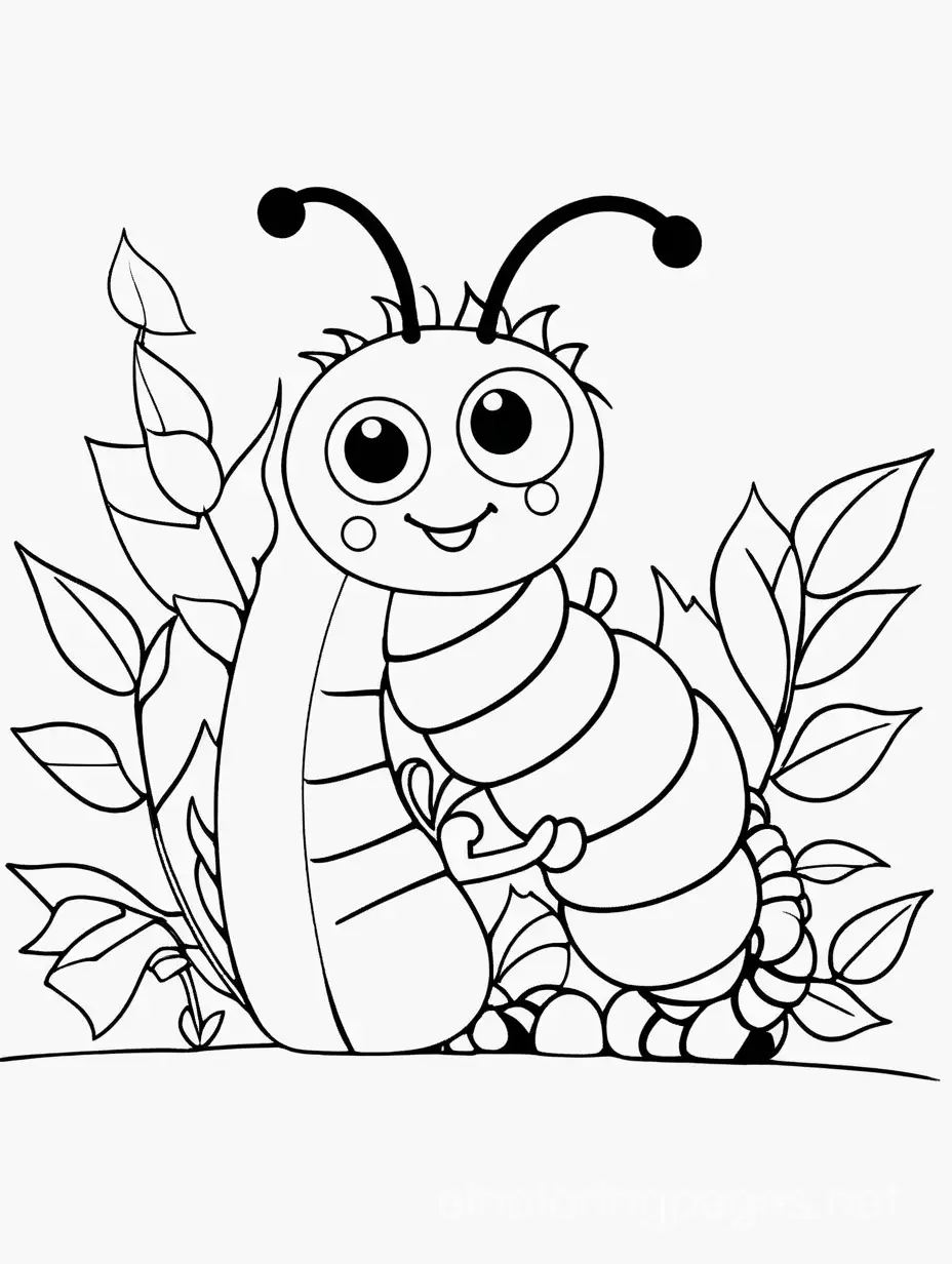 A caterpillar munching leaves, Coloring Page, black and white, line art, white background, Simplicity, Ample White Space. The background of the coloring page is plain white to make it easy for young children to color within the lines. The outlines of all the subjects are easy to distinguish, making it simple for kids to color without too much difficulty
