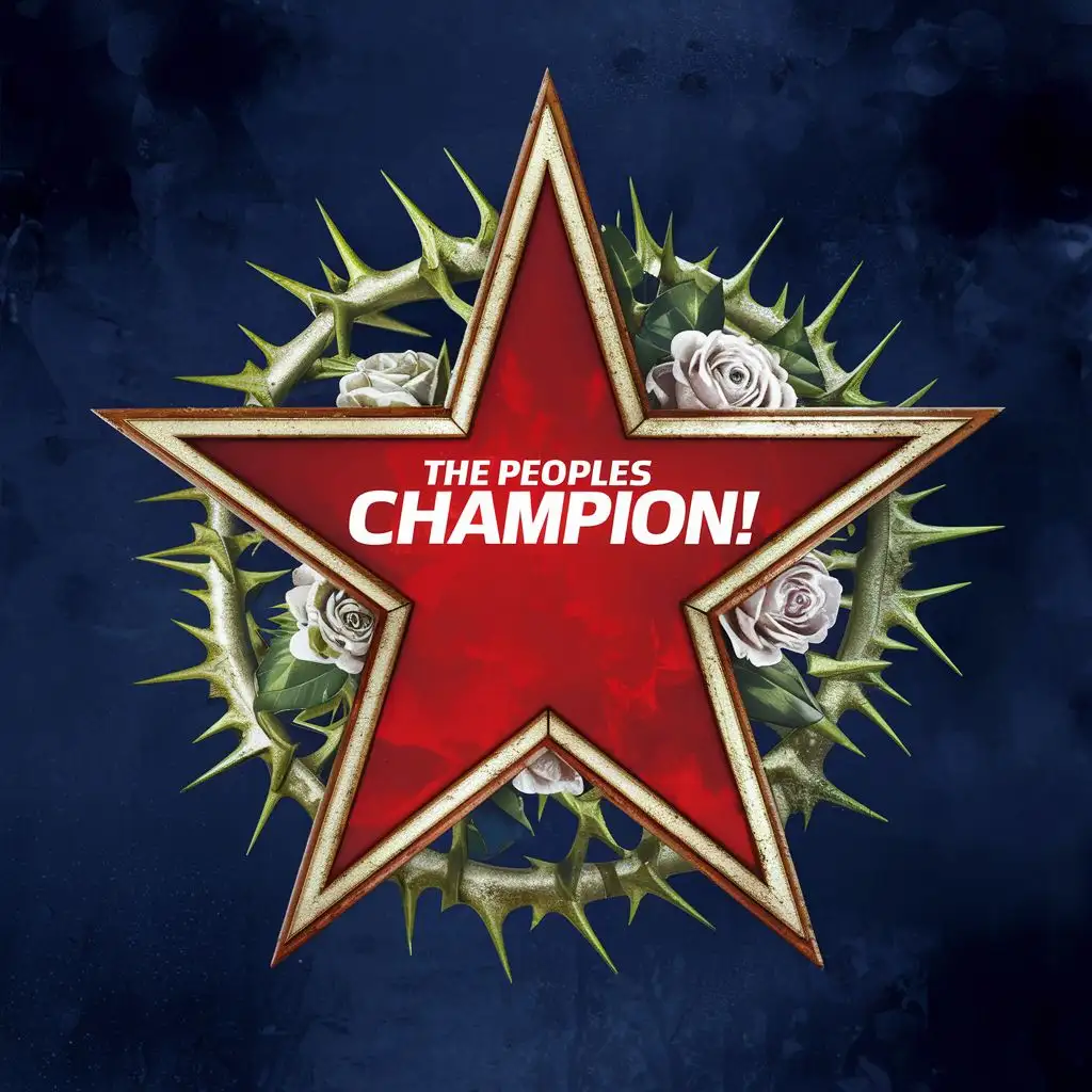 LOGO-Design-For-The-Peoples-Champion-Bold-Red-Star-on-Dark-Blue-Background-with-Thorned-White-Roses