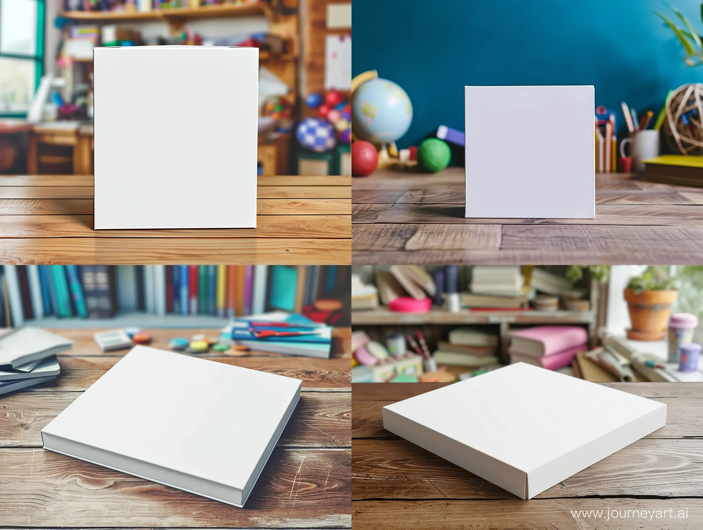 A mockup design of white board game box, school items background, wood table