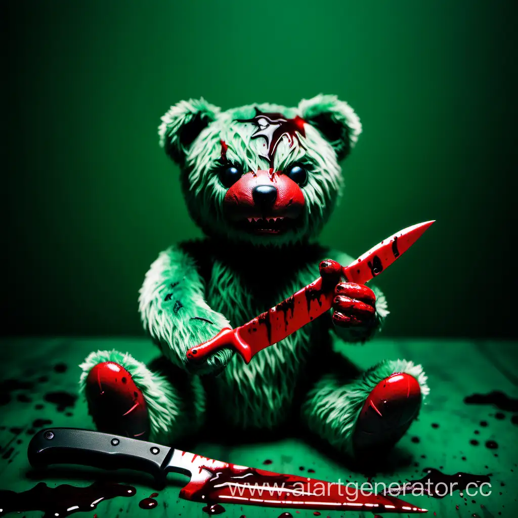 кровавый и демон мишка тед на ядовито зеленом фоне с ножом