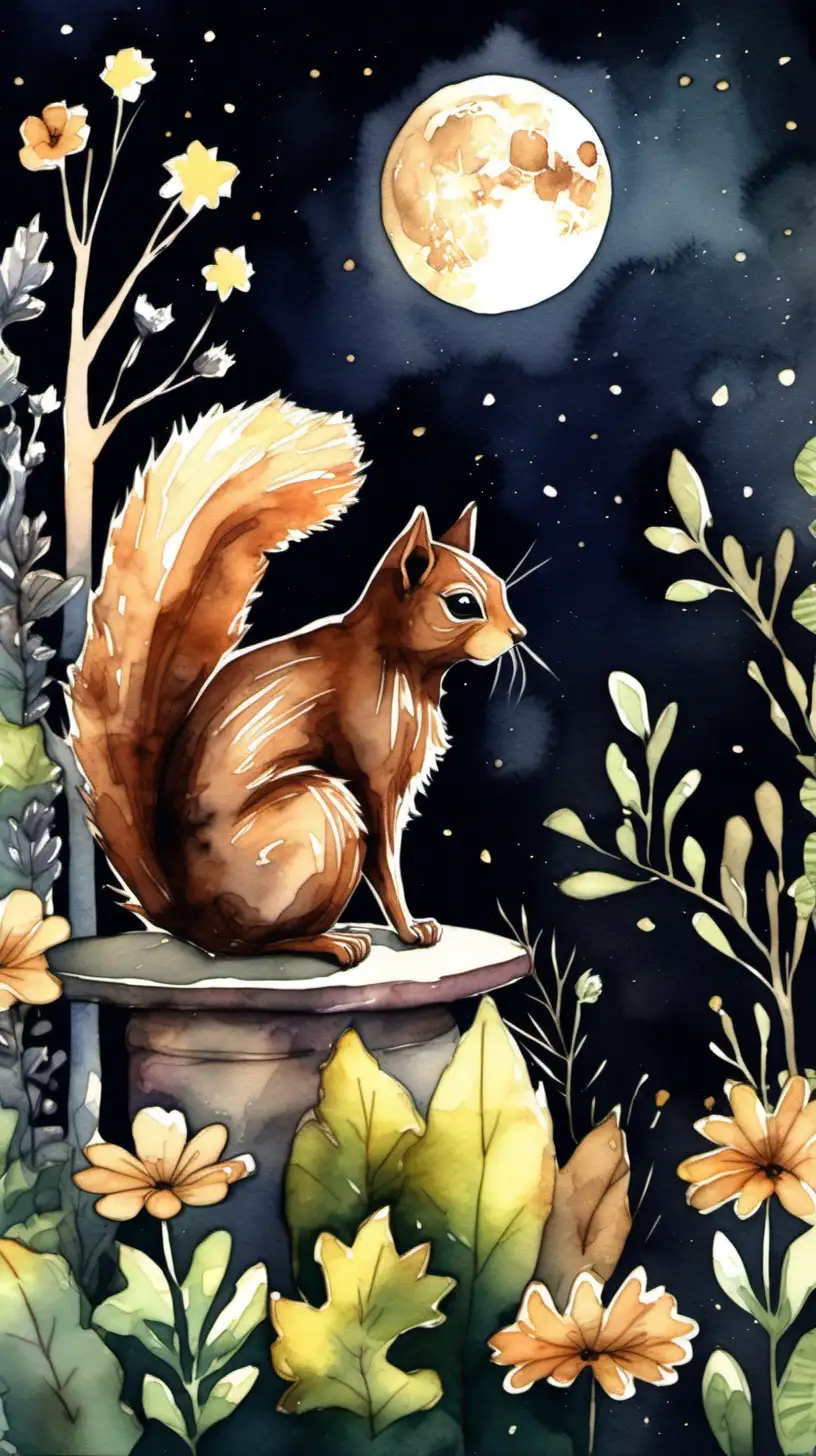 black cat and a brown squirrel, at night time in a garden in watercolor style, brown squirrel and a black cat