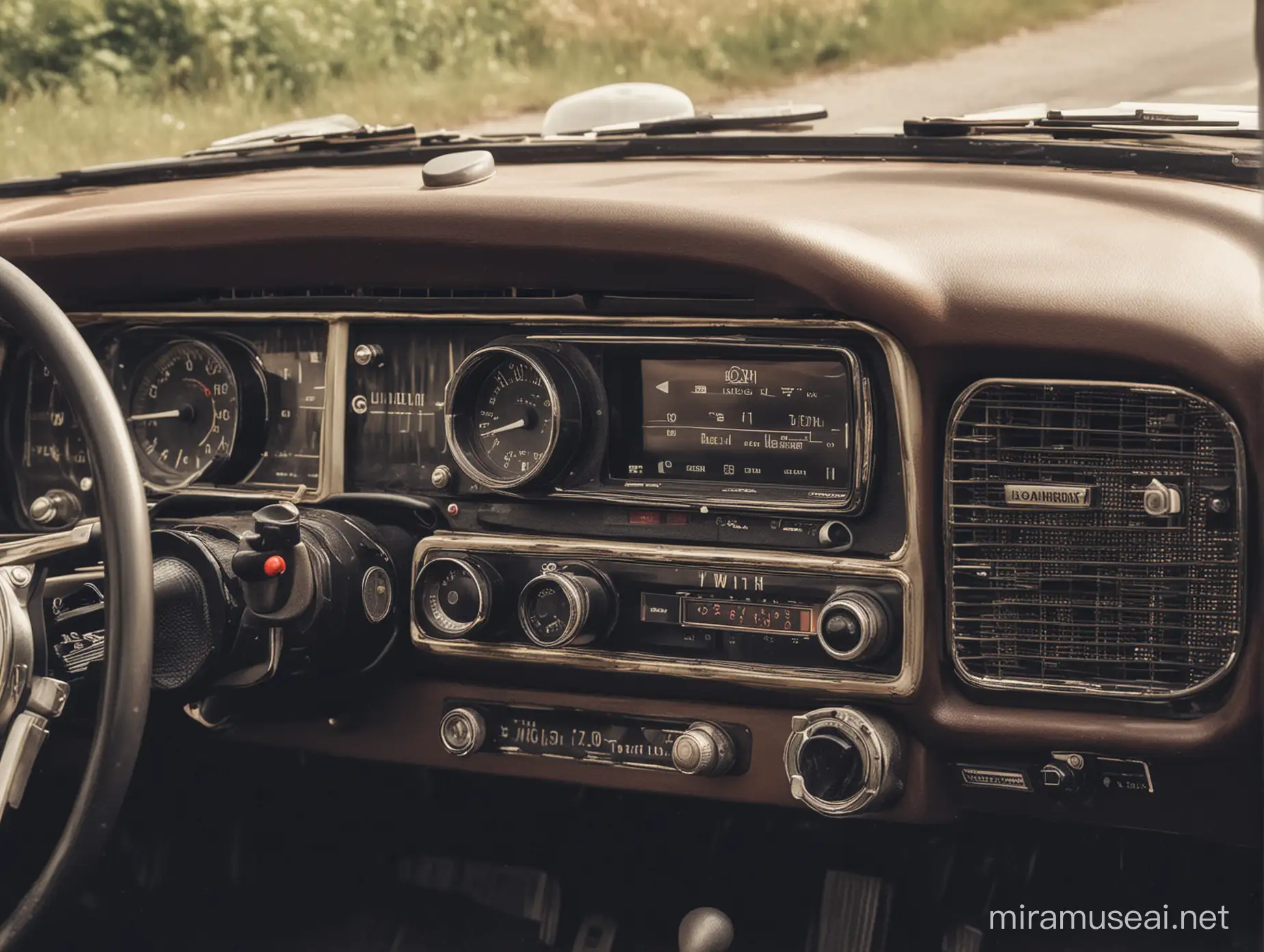 Inside a car, the dashboard is half vintage wirth an old radio receiver FM and half is futuritic, with radio streaming receiver and video screen.