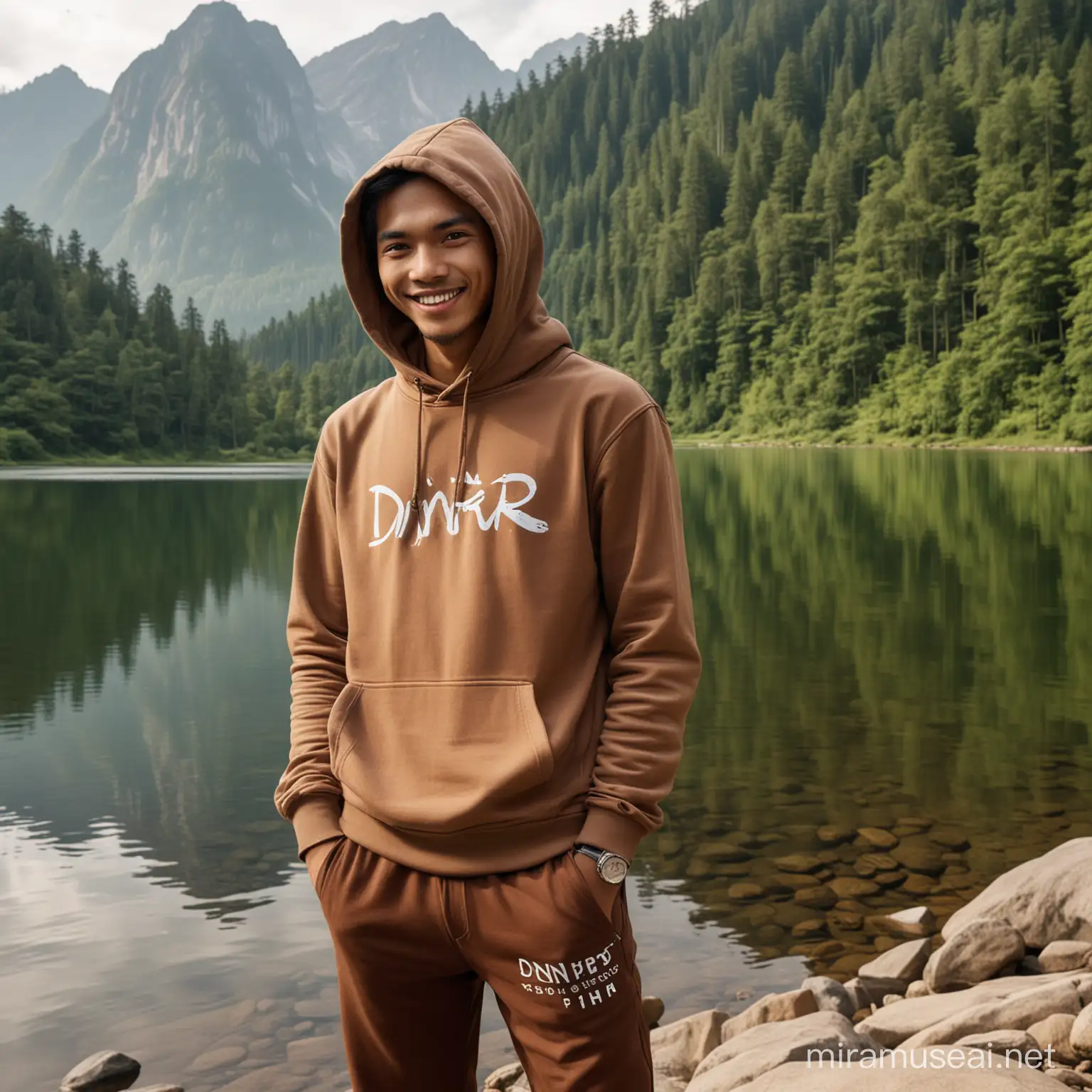 Seorang pria Indonesia, bertubuh ramping, tersenyum ramah dengan hoodie berwarna moca bertuliskan DINUR dan celana panjang berwarna moca, berdiri di tepi danau yang indah, dikelilingi hutan dan pegunungan, foto ultra HD