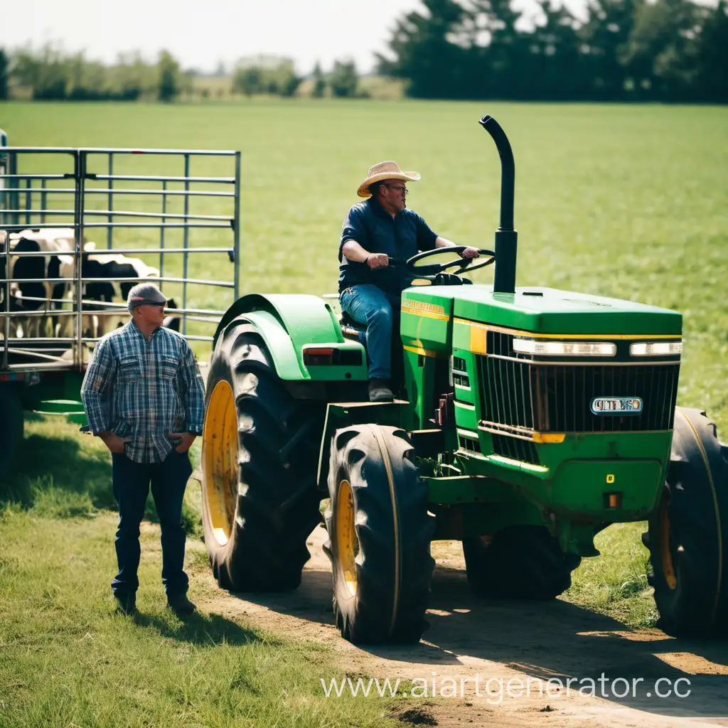 two people stand in front of a tractor that transports cows in a trailer behind the tractor