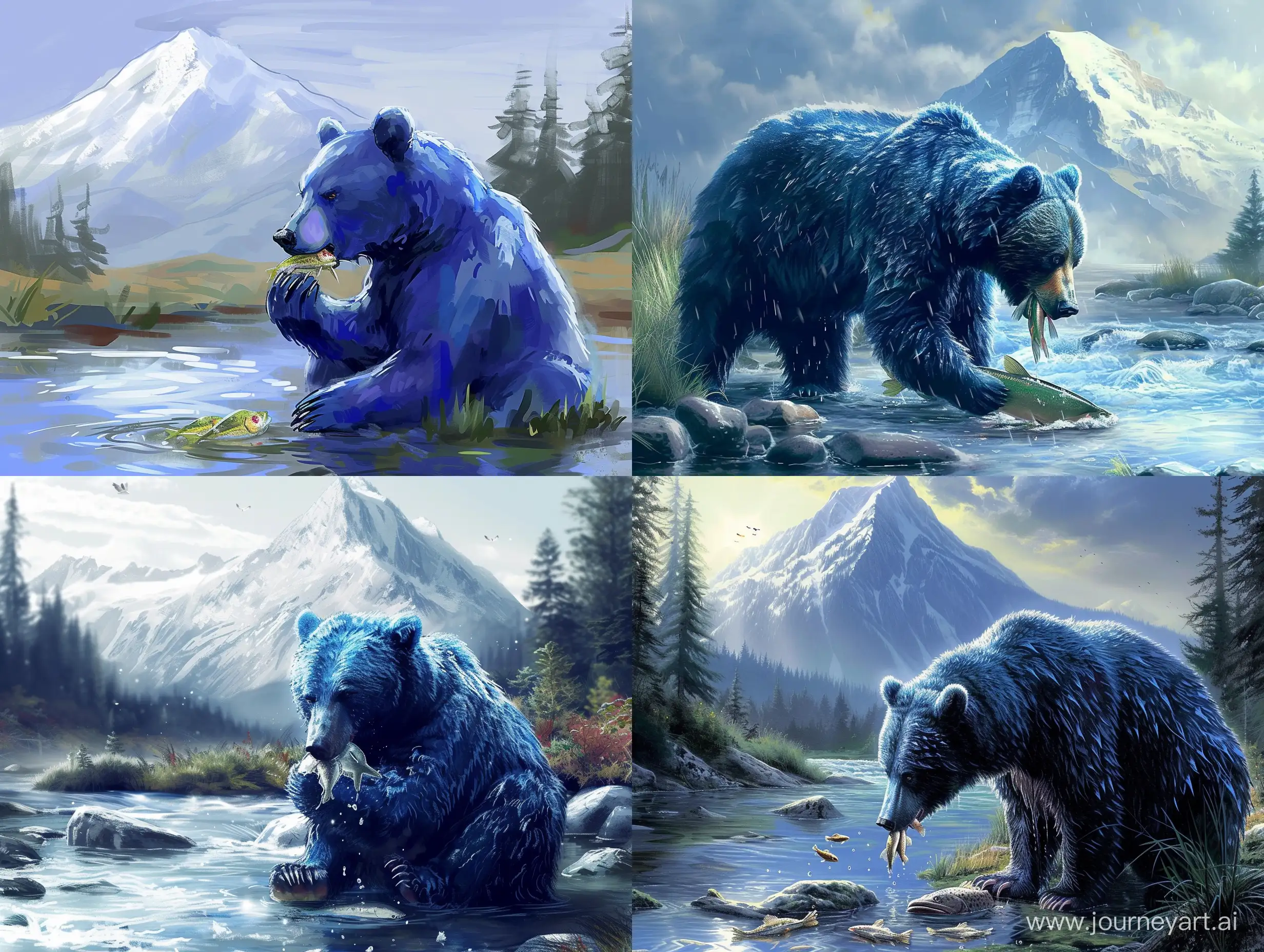 Blue-Bear-Enjoying-Fresh-Fish-by-the-River-with-Majestic-Mountain-Backdrop