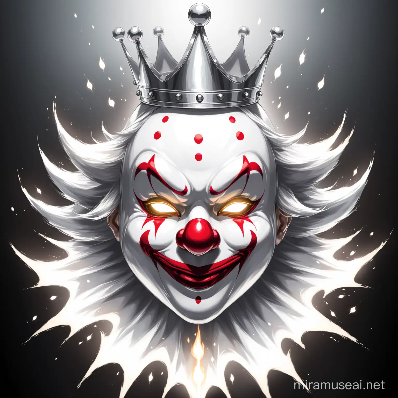Symmetrical White and Silver Clown Mask with Crown and Ethereal Fire Aura