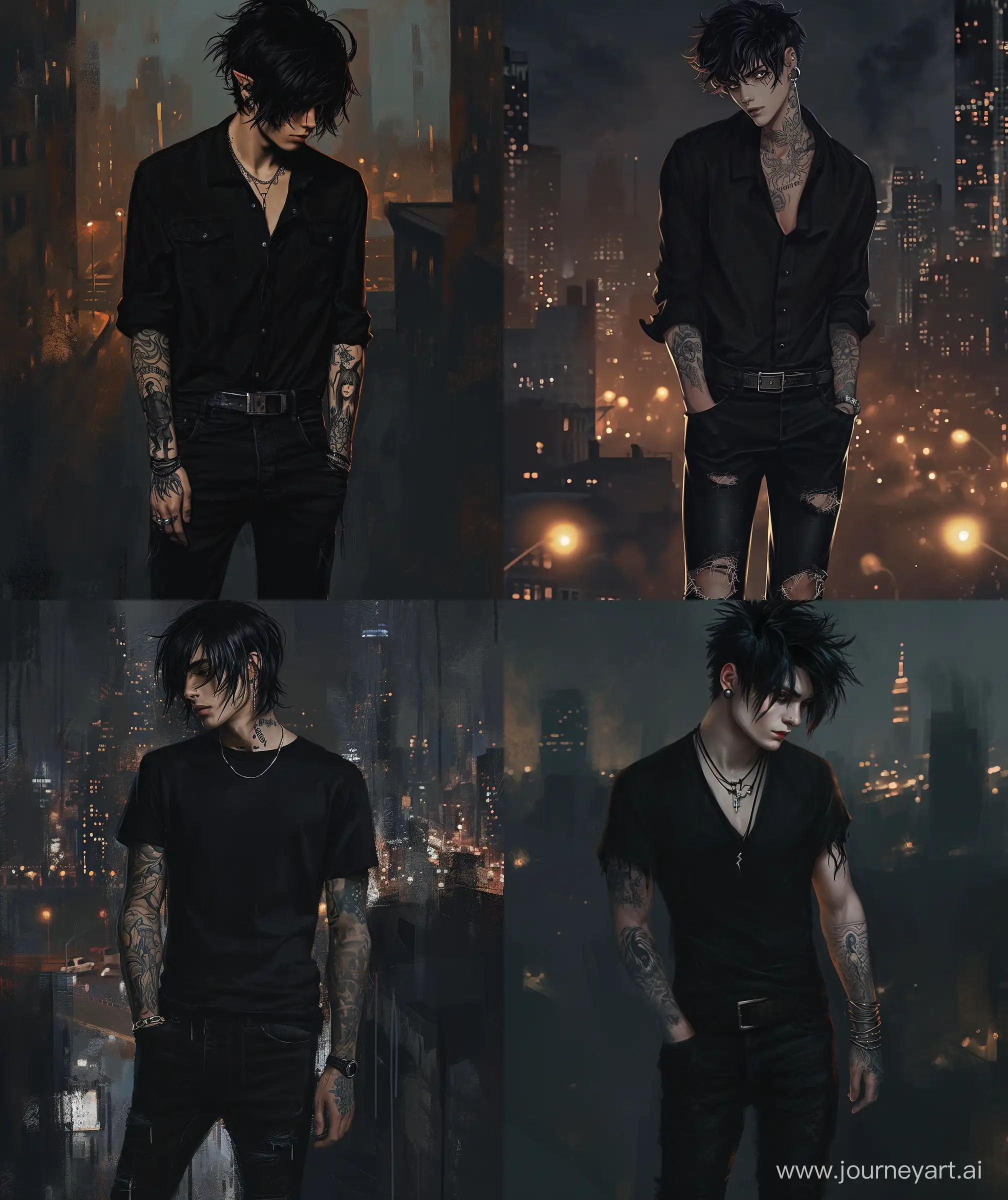 Handsome male, anime digital painting oil painting style, black medium size hair, black shirt, tattoo ,stylish, black jeans, standing, dark city view, vampire , cinematic light, laminating, handsome,hot looking, piercing, --ar 27:32 --v 6.0