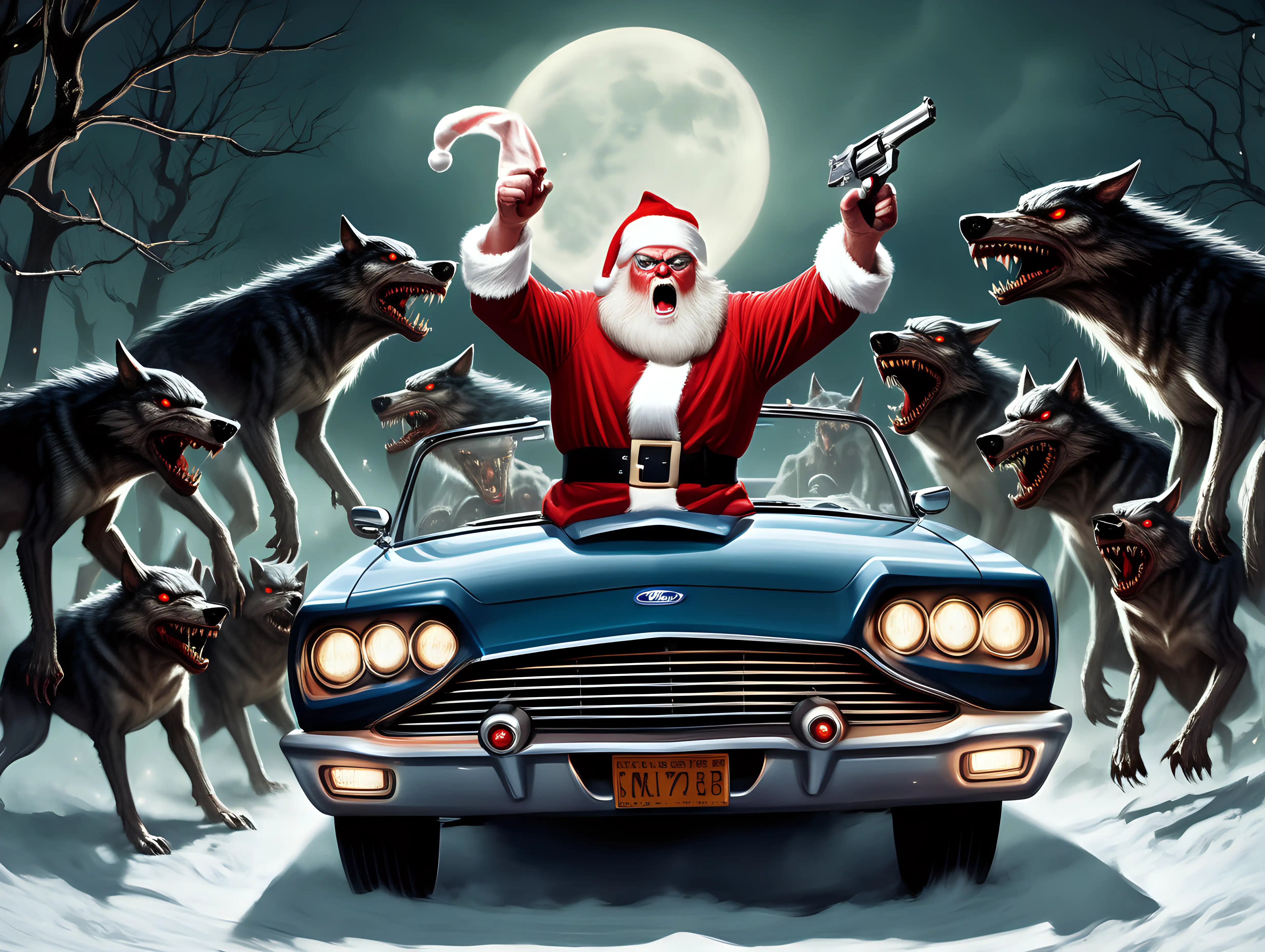  Kris Kringle in a Ford Thunderbird fighting a horde of werewolves