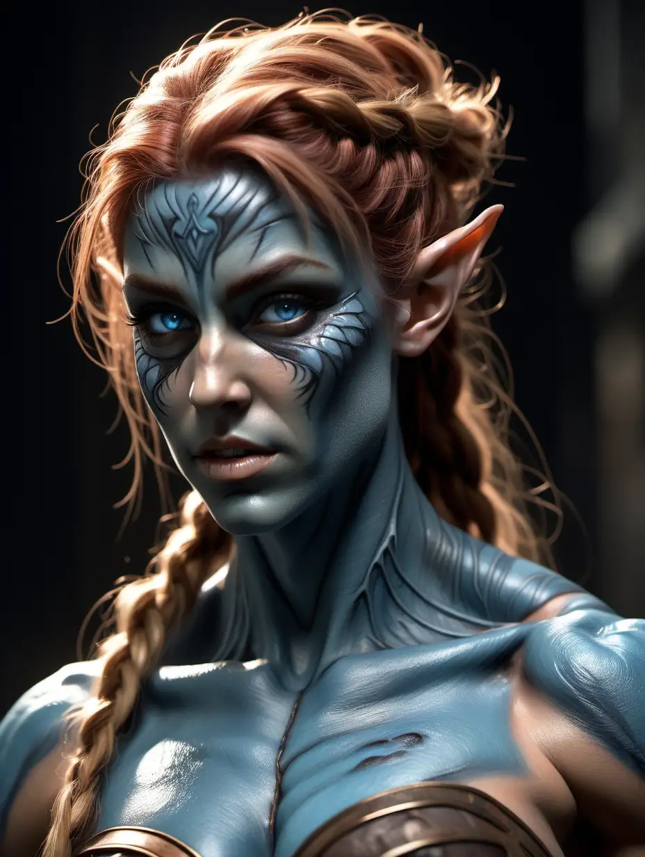 (cinematic lighting), This muscular half-elven woman has dark, sun-bronzed skin that shines brightly in the light.  Her body is massive, almost comparable to a mul of the same gender.  She has thick legs that show obvious lower body power and endurance, 
the large muscles bulging beneath her skin.  Across her stomach are muscles sprouting from everywhere, rippling with the slightest movement.  Enormous chest muscles span her torso, dwarfing the considerable muscle in her shoulders, which hold bulky, muscular arms. She has a thick bull-neck that supports a face that may have once been beautiful, but is now masculine and scarred. She has thin, cracked lips, tiny scars surrounding them in appearance of chaos. She has a thin, crooked nose, bumps showing from the many breaks. The splendor of her light blue eyes is dampened by the rugged look of her face, particularly the long scar running from the corner of her eye down her cheek. Above her eyes is the beginning of her coppery hair, which has been pulled back tightly into a bun, intricate details, detailed face, detailed eyes, hyper realistic photography,