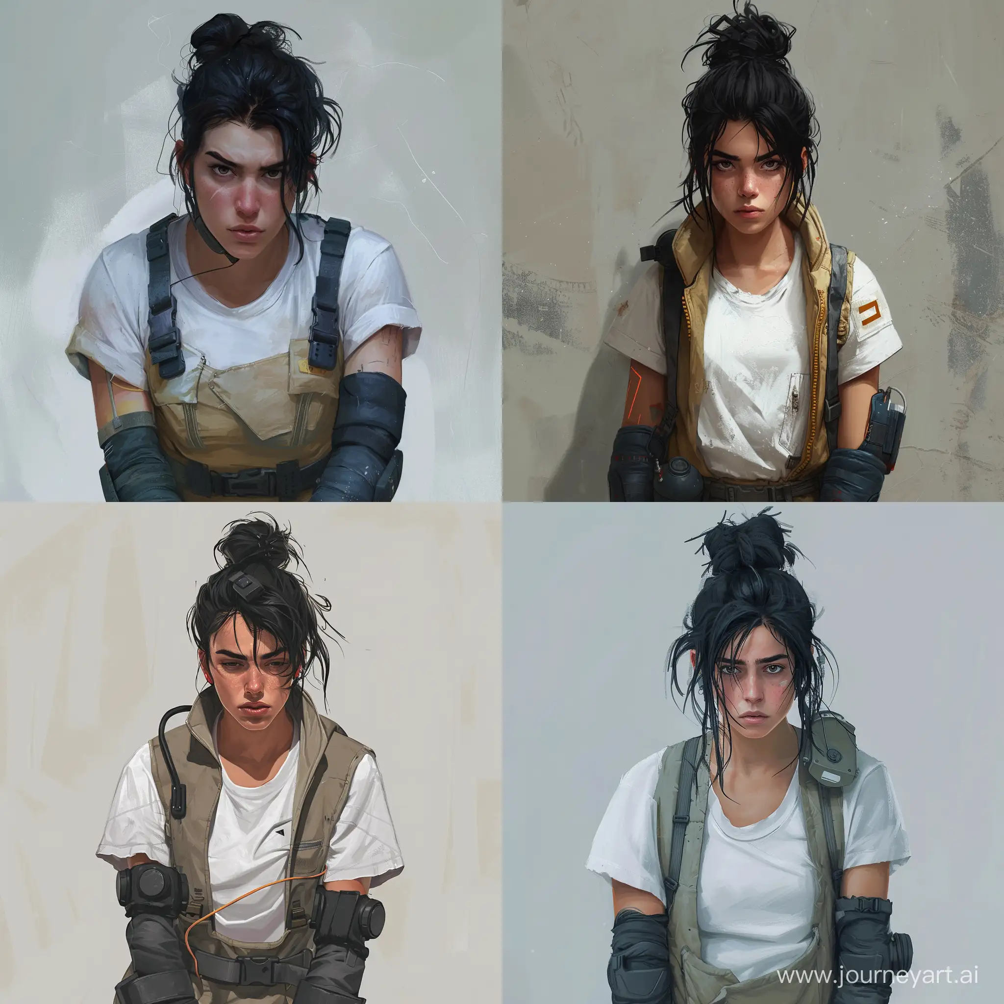 Fatigued-SciFi-Engineer-Girl-in-White-Tshirt-and-Jumpsuit-with-Gloves-Game-Character-Concept-Art