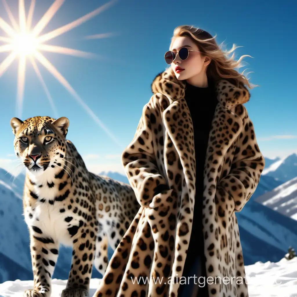 На заснеженой горе стоит красивая девушка в раскошной длинной шубе, рядом стоит снежный ирбис, на небе яркое солнце, реалистичная картина как на фото