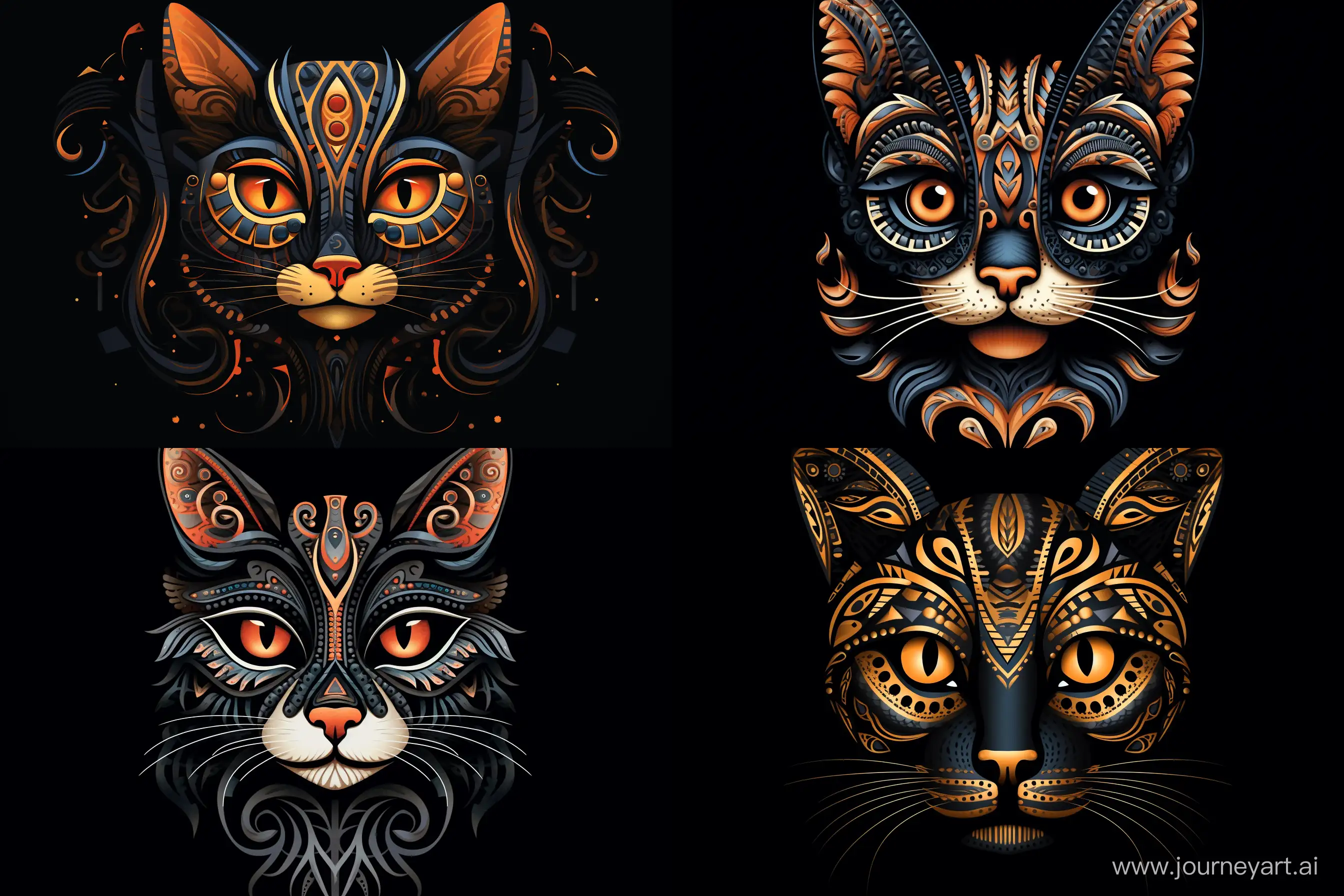 Tribal Art: Design a cat portrait, with tribal patterns and motifs on a black background. --ar 3:2