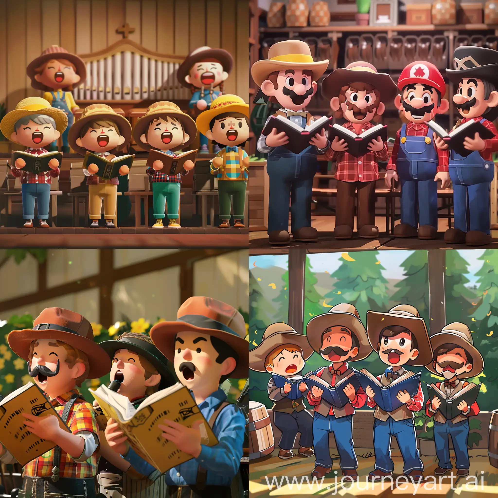 Video game characters dressed as farmers singing loudly at a shape note singing convention