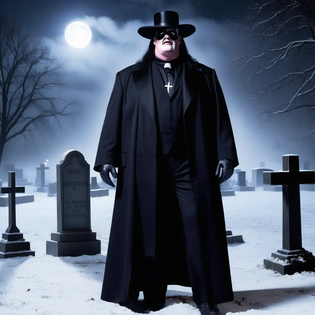 Mark Calaway as The Undertaker in the cemetery in the snow at night with Paul Bearer 
