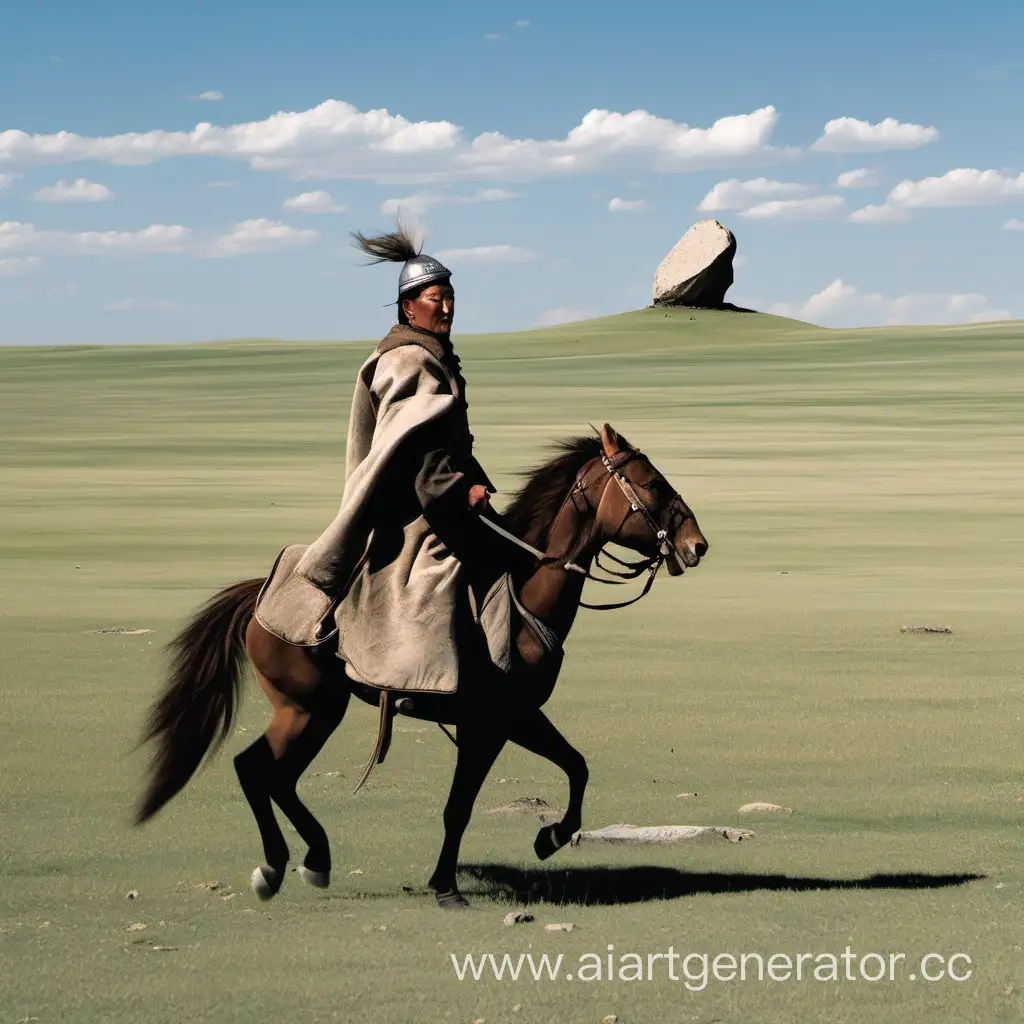 Majestic-Mongolian-Horseback-Rider-Amidst-Vast-Steppe-Landscape